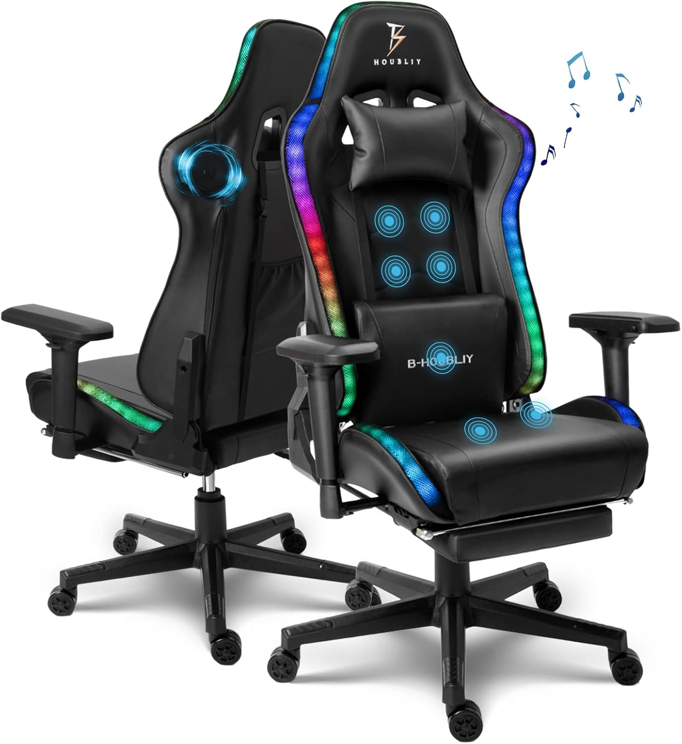 RGB Gaming Chair with Speakers and LED Lights Ergonomic 7-Point Massage Computer Chair with Footrest High Back Music Video Game Chair Headrest Lumbar Support 4D Armrest Office Chair,White