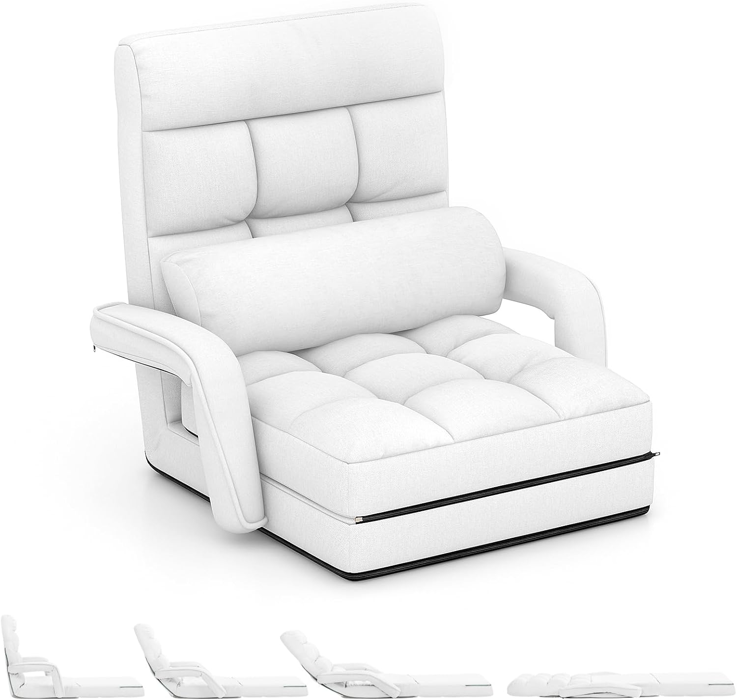 KOMFOTT Foldable Floor Lazy Sofa Chair, Indoor Chaise Lounge Chair with 6 Positions Adjustable Backrest, Detachable Seat Cushion, Armrests & Pillow, Cozy Floor Chair for Living Room, Bedroom (White)