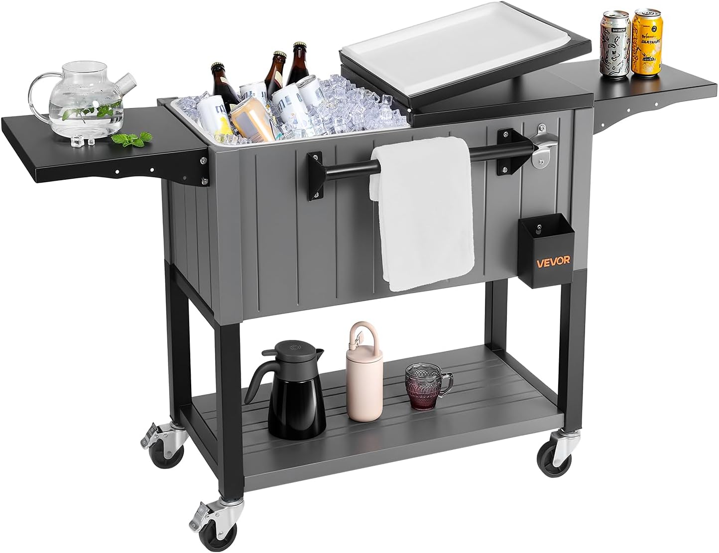 VEVOR 80QT Rolling Ice Chest, Holds up to 50 Bottles / 110 Cans, Portable Patio Party Bar Drink Cooler Cart with Bottom Shelf & Foldable Side Shelves, Beverage Pool with Swivel Wheels & Bottle Opener