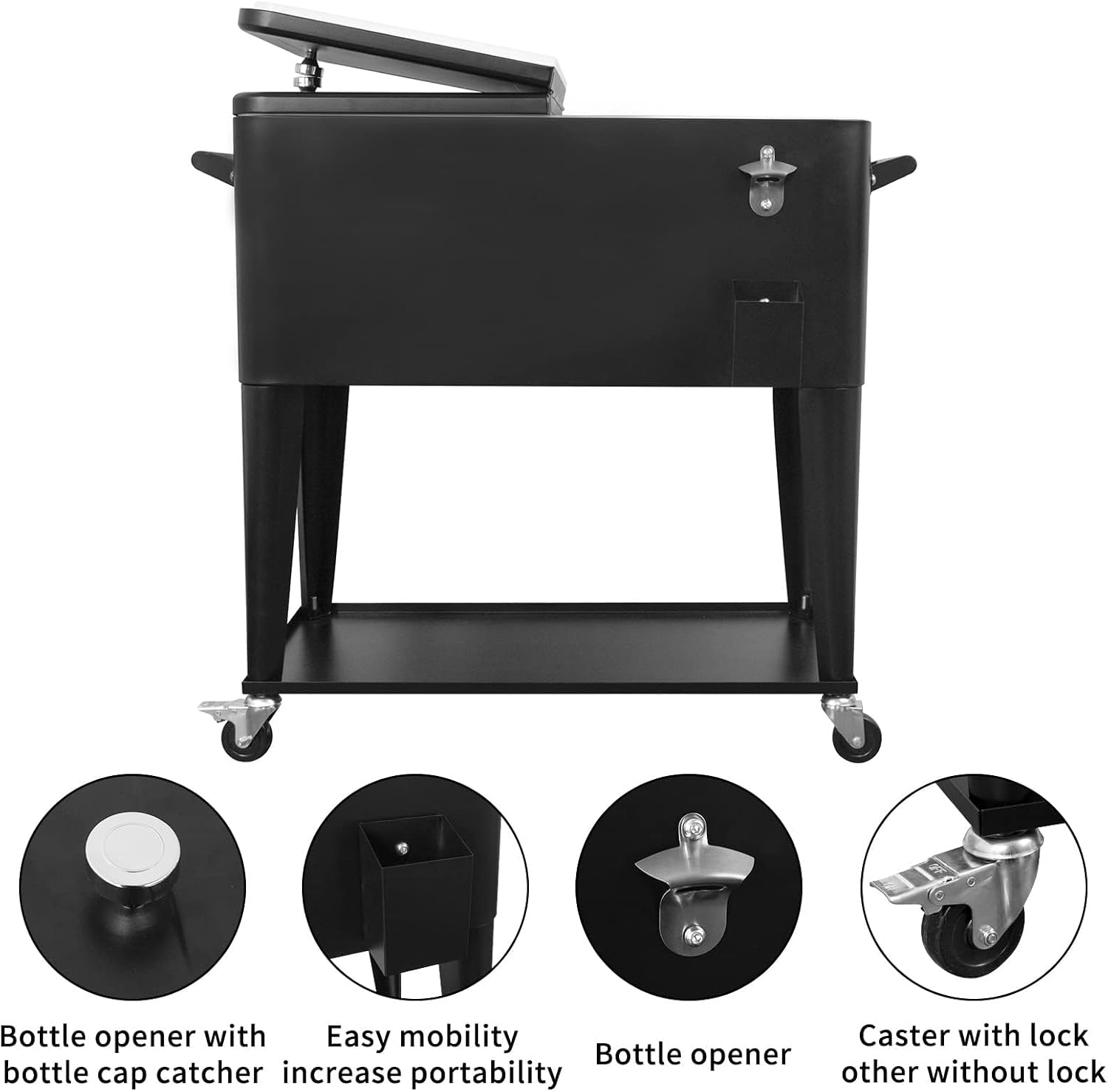 80 Quart Rolling Ice Chest Cooler Cart,for Outdoor Patio Deck Party Portable Party Bar Cold Drink Beverage Cart, Backyard Cooler Trolley on Wheels with Shelf, Bottle Opener