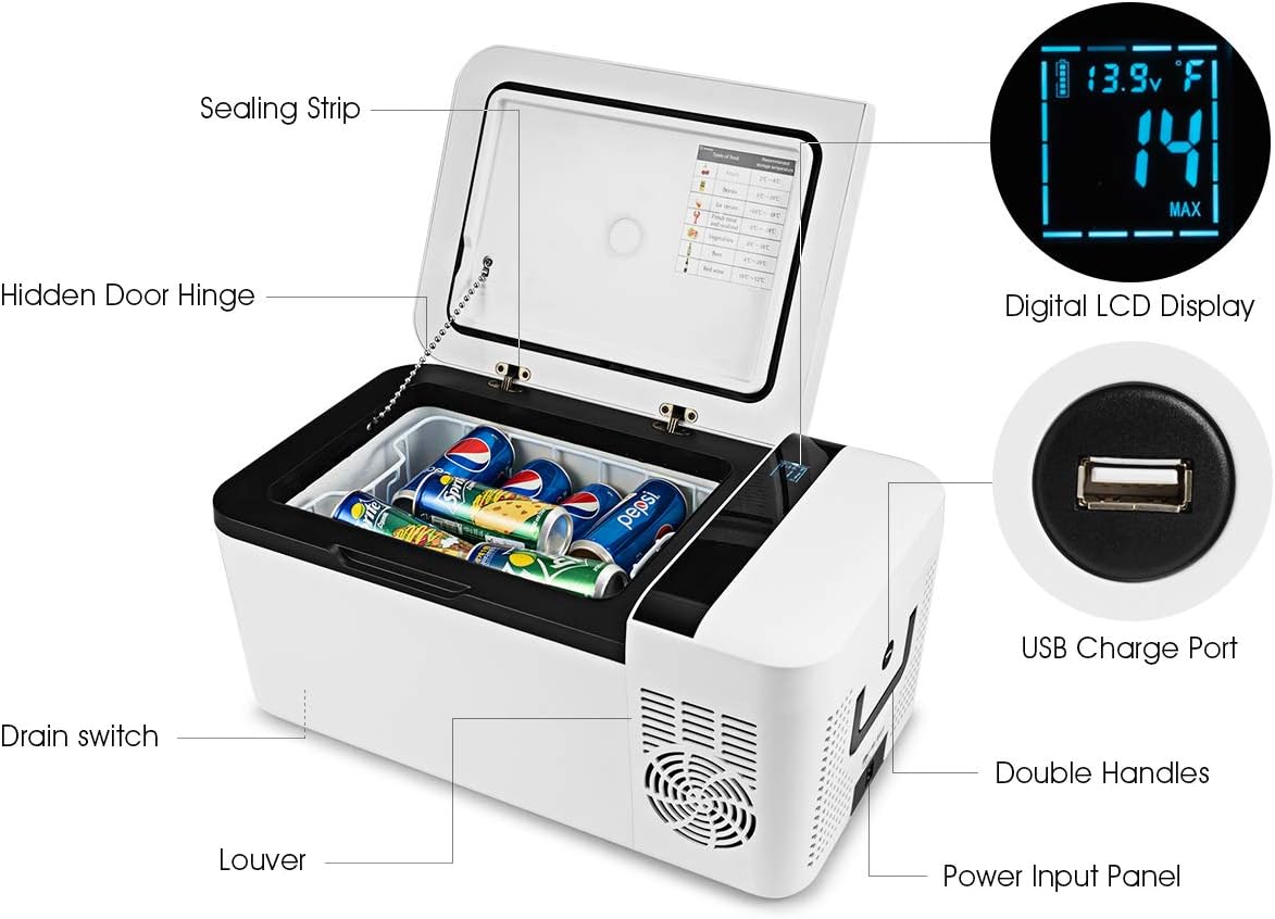COSTWAY Compact Car Freezer, Portable Travel 12V Fridge, with Compressor, Double Handles, LCD Display Screen for Car and Home, Camping, Truck Party, Travel, Picnic Outdoor (16 Quart)
