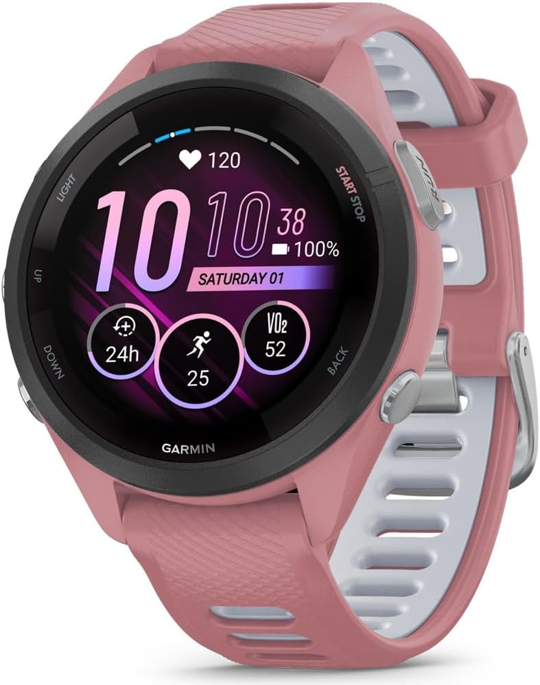 Garmin 010-02810-05 Forerunner 265S GPS Smartwatch, Light Pink/Whitestone | Official USA Partner Model | Bundle with Sport Towel + Deco Essentials Wearable Commuter Front & Rear Safety Light
