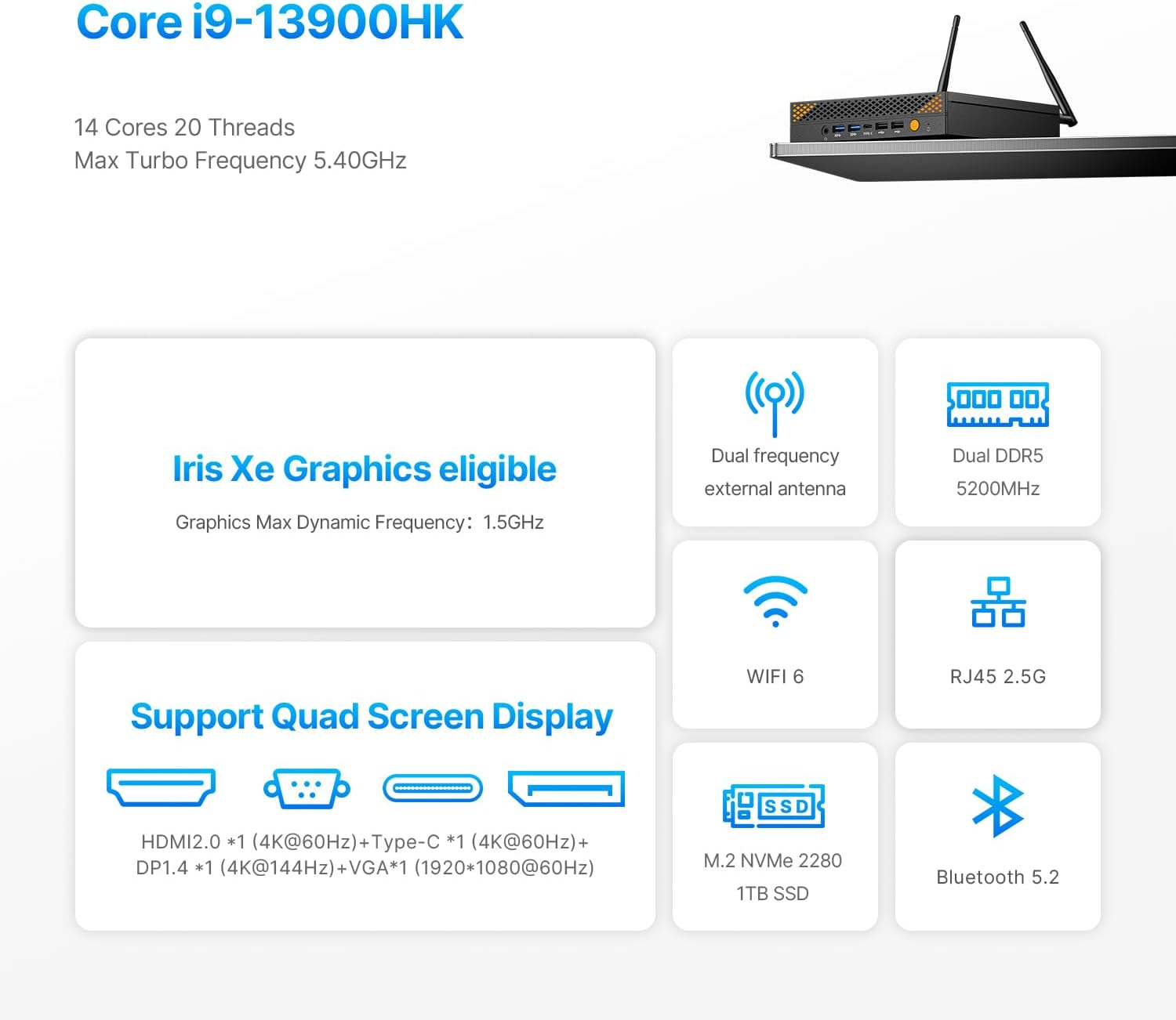 AG3 MIini PC with i9-13900HK 14C/ 20T, 32GB DDR5, 1TB SSD, Wi-Fi 6, BT 5.2, Dual LAN, Quad Display, HDMI/DP/USB-C/VGA Mini Desktop Computer