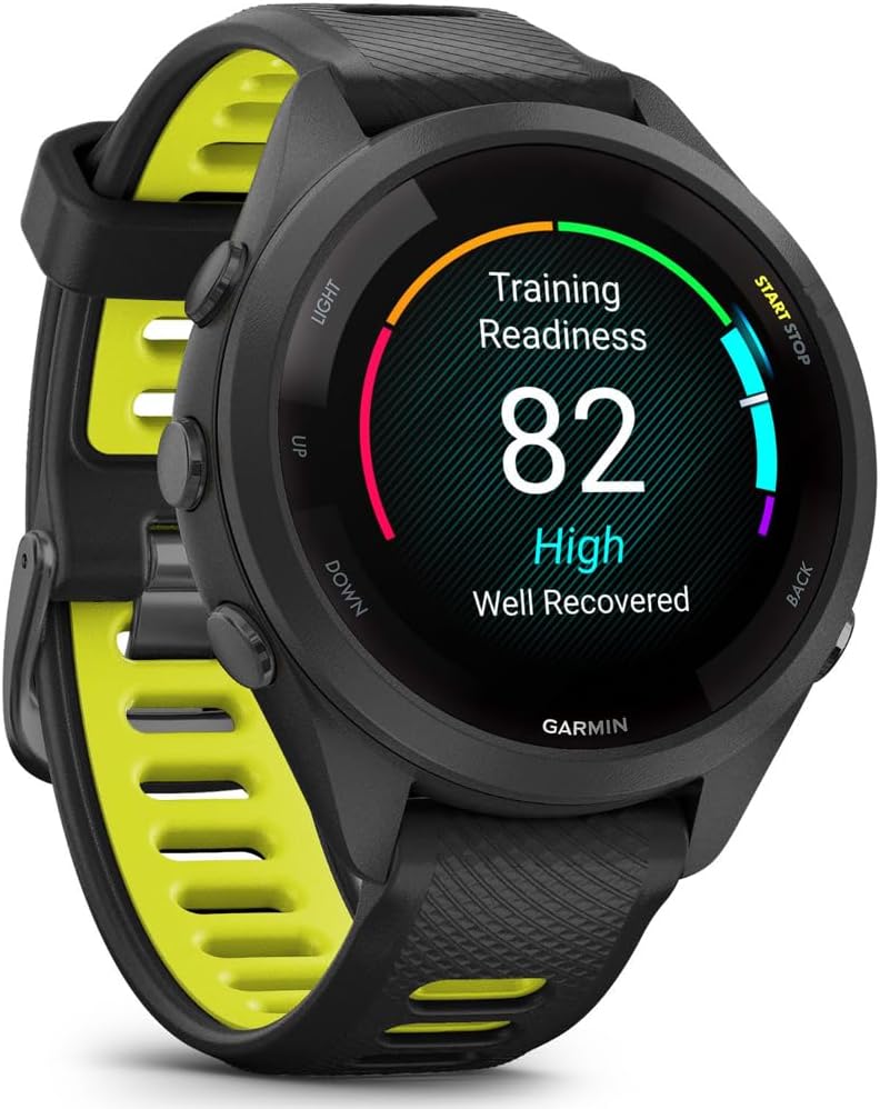 Garmin 010-02810-03 Forerunner 265S GPS Smartwatch, Black/Amp Yellow Bundle with Workout Cooling Sport Towel + Deco Essentials Wearable Commuter Front & Rear Safety Light