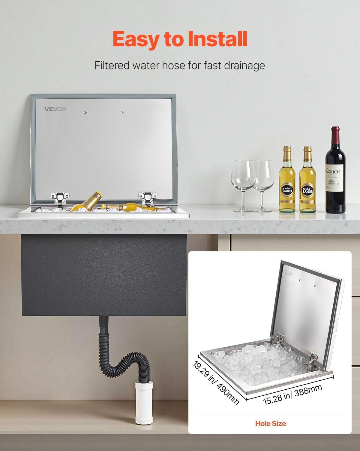 VEVOR Drop in Ice Chest, Stainless Steel Drop in Cooler, Commercial Ice Bin with Lid for Outdoor Kitchen Patio Bar, Drain-Pipe Set Included, Cooling Bins with Cover for Cold Wine Beer
