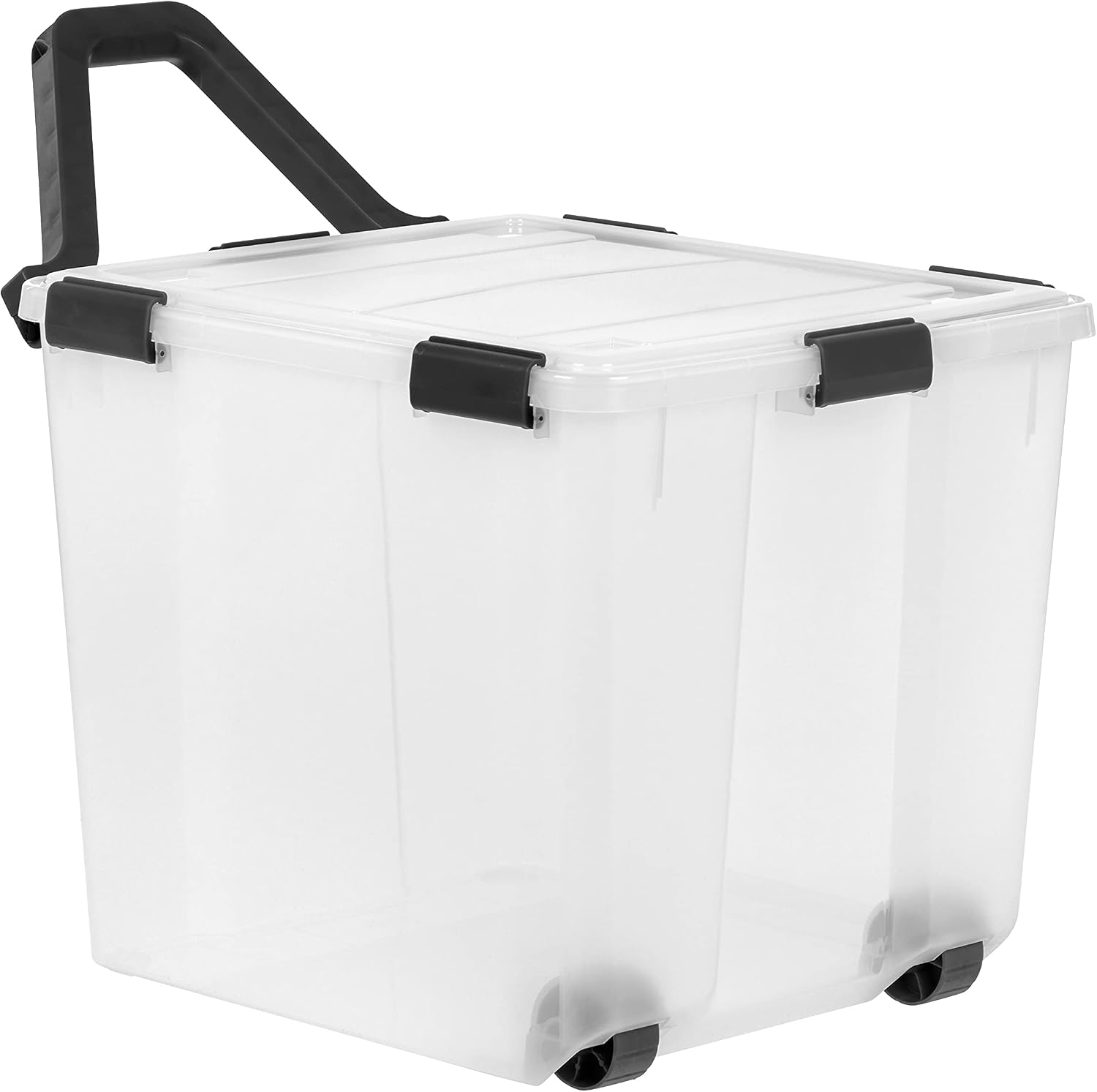 IRIS USA 106 Quart WEATHERPRO Wheeled Plastic Storage Bin Tote Organizing Container with Durable Lid and Seal and Secure Latching Buckles, Clear/Black, 3 Pack