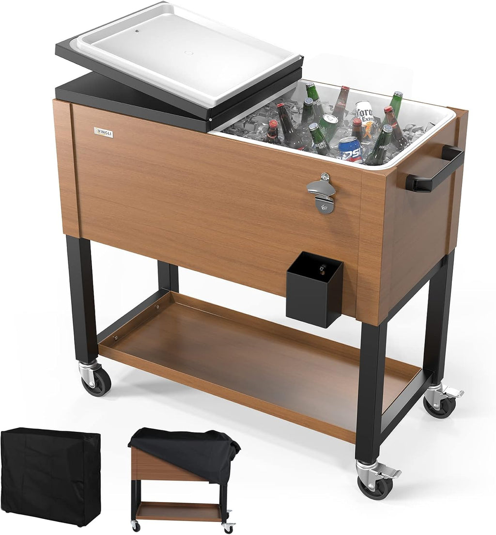 VINGLI 80 Quart Rolling Ice Chest on Wheels, Patio Cooler Cart, Beverage Rolling Cooler for Outdoor Patio Deck Party