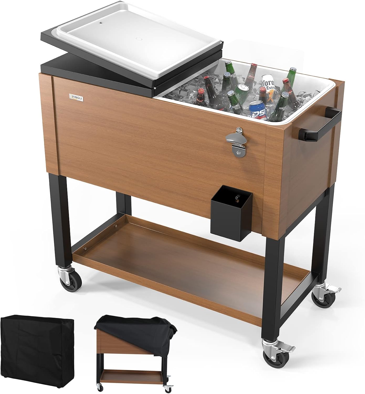 VINGLI 80 Quart Rolling Ice Chest on Wheels, Patio Cooler Cart, Beverage Rolling Cooler for Outdoor Patio Deck Party