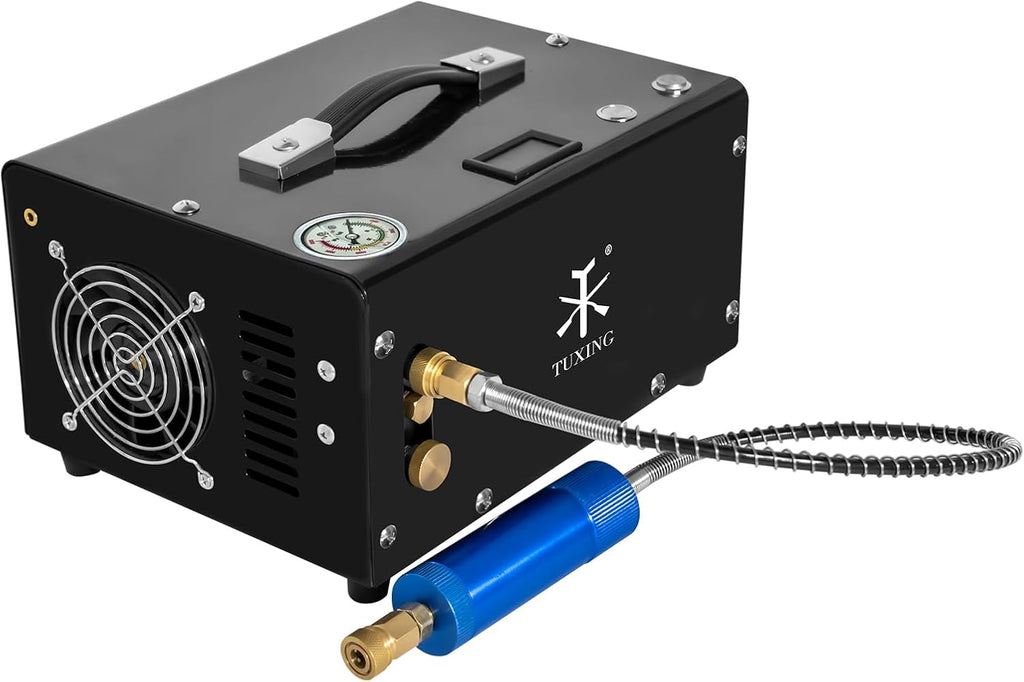 TUXING PCP Air Compressor 4500Psi, 30Mpa Portable PCP Airgun Compressor with External Converter, Powered by 12V Car DC or Home 110V AC, for Air Gun and Paintball/Scuba Tank