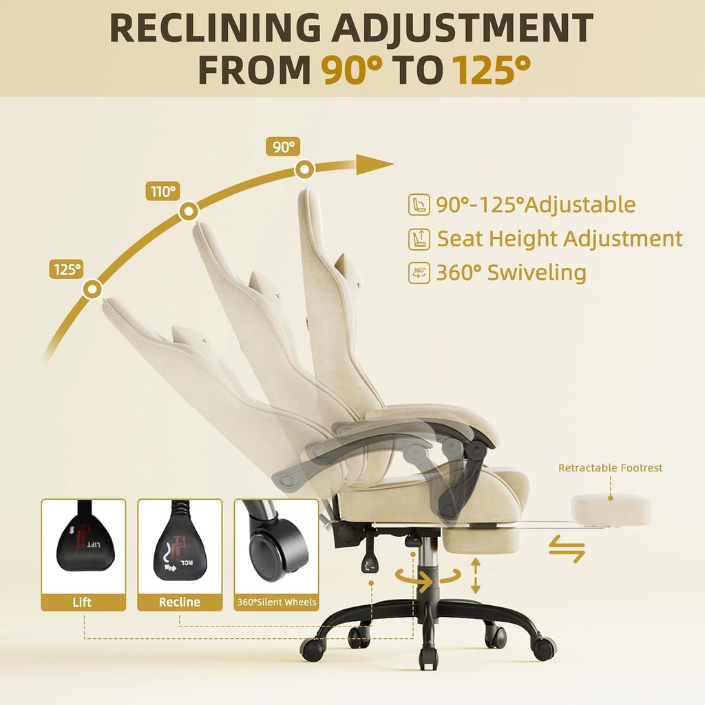 Huracan Velvet Fabric Gaming Chair with Footrest for Adults, Ergonomic Gaming Chairs with Massage Lumbar, Reclining Racing Computer Chair with Spring Cushion for Home Office Video Game, Beige