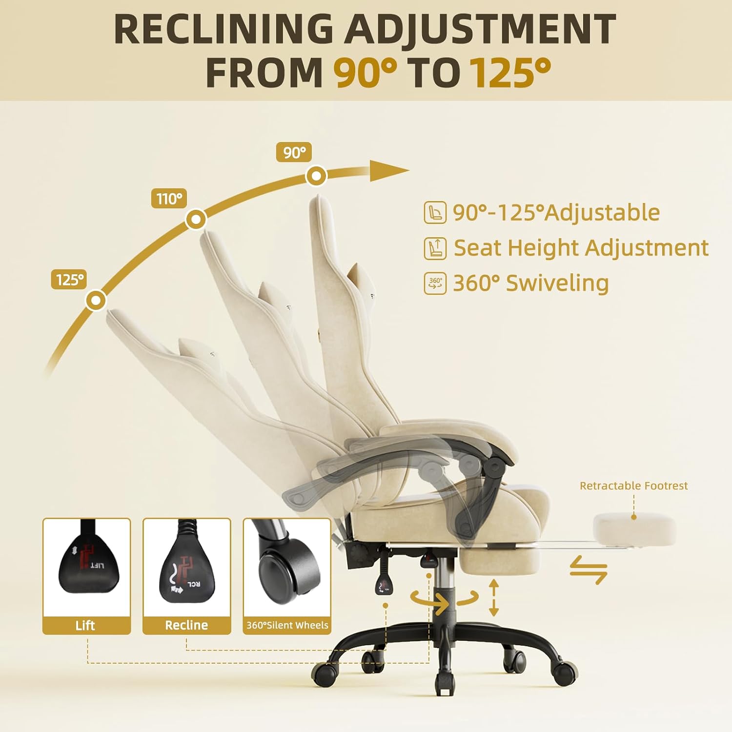 Huracan Velvet Fabric Gaming Chair with Footrest for Adults, Ergonomic Gaming Chairs with Massage Lumbar, Reclining Racing Computer Chair with Spring Cushion for Home Office Video Game, Beige