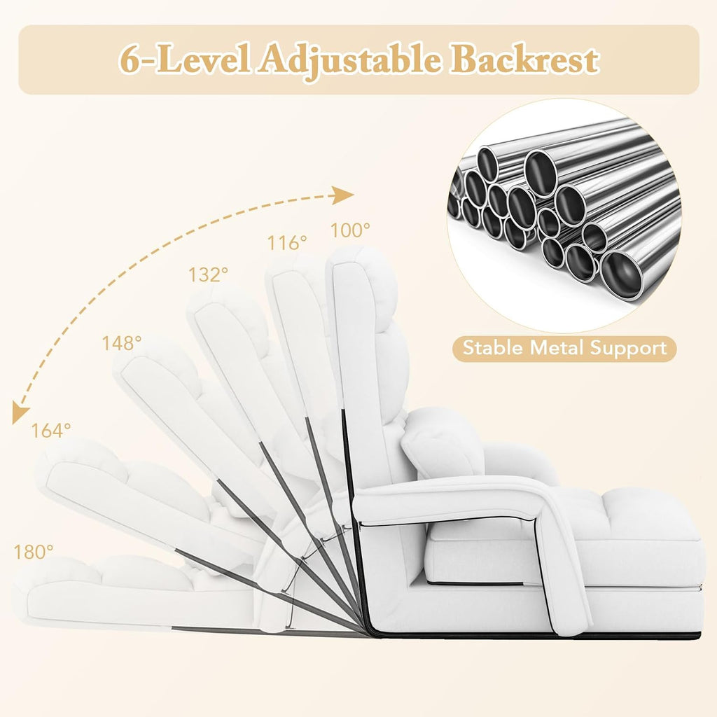 KOMFOTT Foldable Floor Lazy Sofa Chair, Indoor Chaise Lounge Chair with 6 Positions Adjustable Backrest, Detachable Seat Cushion, Armrests & Pillow, Cozy Floor Chair for Living Room, Bedroom (White)