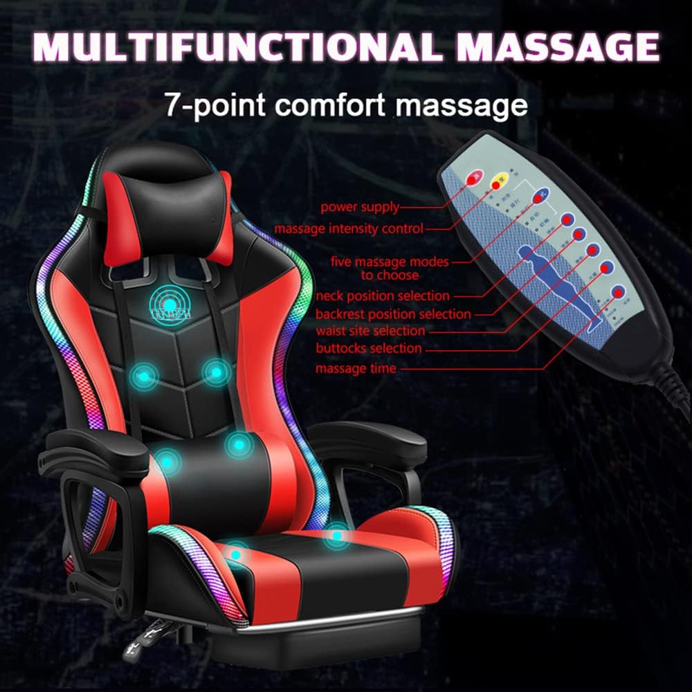 RGB Video Gaming Chairs with Speakers Ergonomic Pro Gaming Chair with Full Massage Lumbar Support and Retractible Footrest Adjustable Backrest Computer Chair High Back Recliner Chair,Red