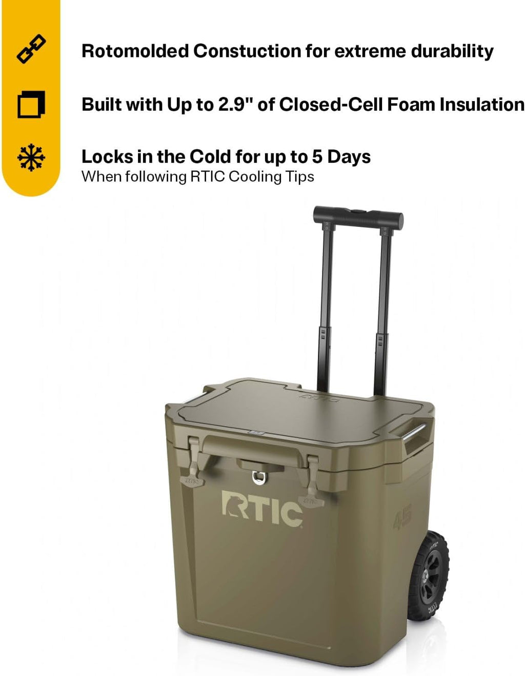RTIC 45 QT Wheeled Ultra-Tough Cooler Hard Insulated Portable Ice Chest Box for Beach, Drink, Beverage, Camping, Picnic, Fishing, Boat, Barbecue, Rotomolded Construction
