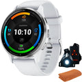 Garmin 010-02784-00 Venu 3 Health Fitness GPS Smartwatch Silver Steel Bezel Whitestone Case (45mm) | Official USA Partner Model | Bundle with Towel, Deco Essentials Commuter Front, Rear Safety Light