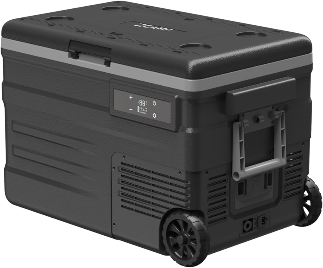 UD45E 12 Volt Refrigerator,Dual Zone Portable Freezer with Wheels & Battery Compartment,42QT(40.5L) Electric Cooler,-4℉~68℉,12/24V DC 100-240V AC for Camping, Travel, Truck, RV (Batt.Not Incl)