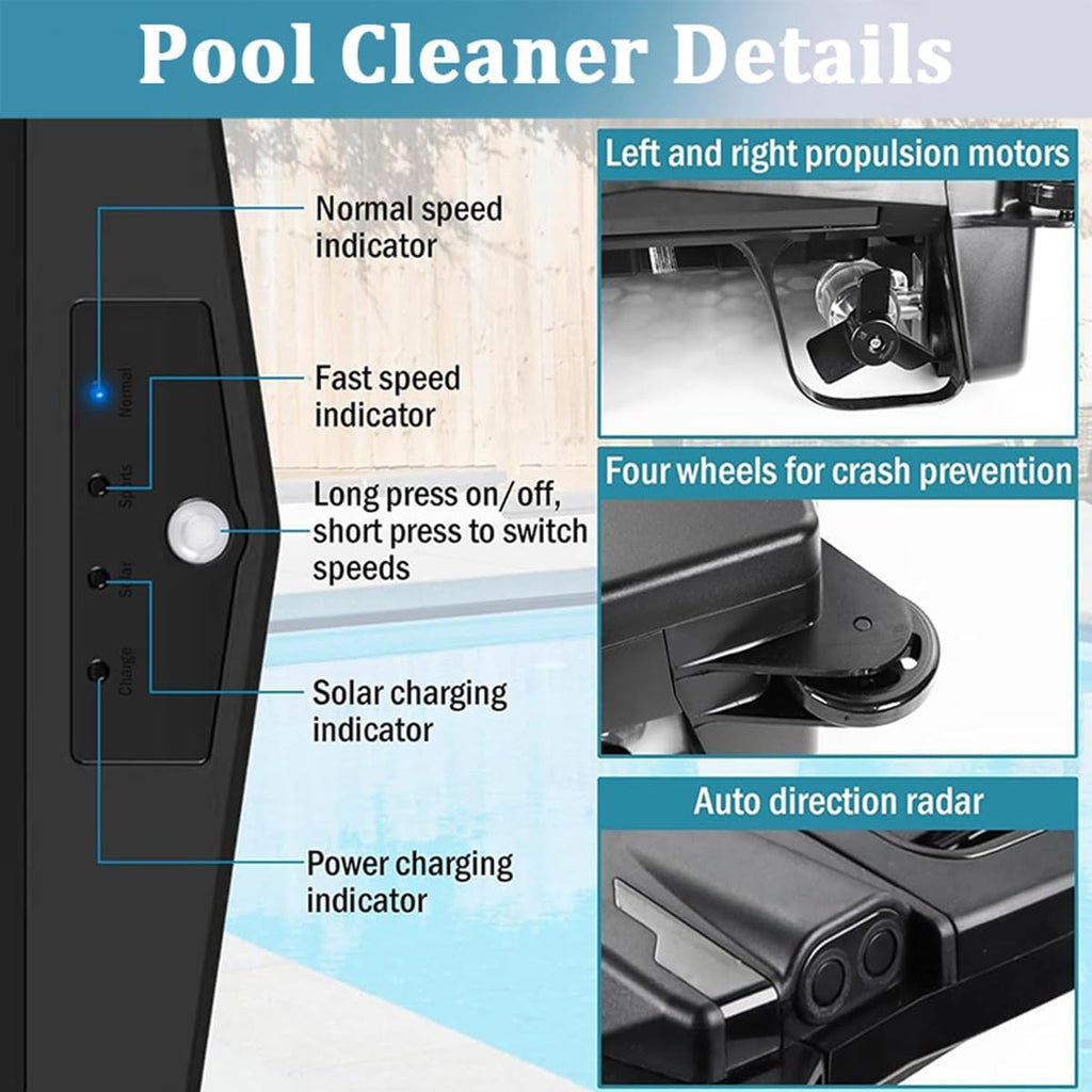 Solar/Electric Robotic Pool Skimmer Cleaner, Automatic Pool Cleaner Robot with Obstacle Avoidance, Daytime ＆ Overnight Continuous Cleaning, 2 Speed Modes