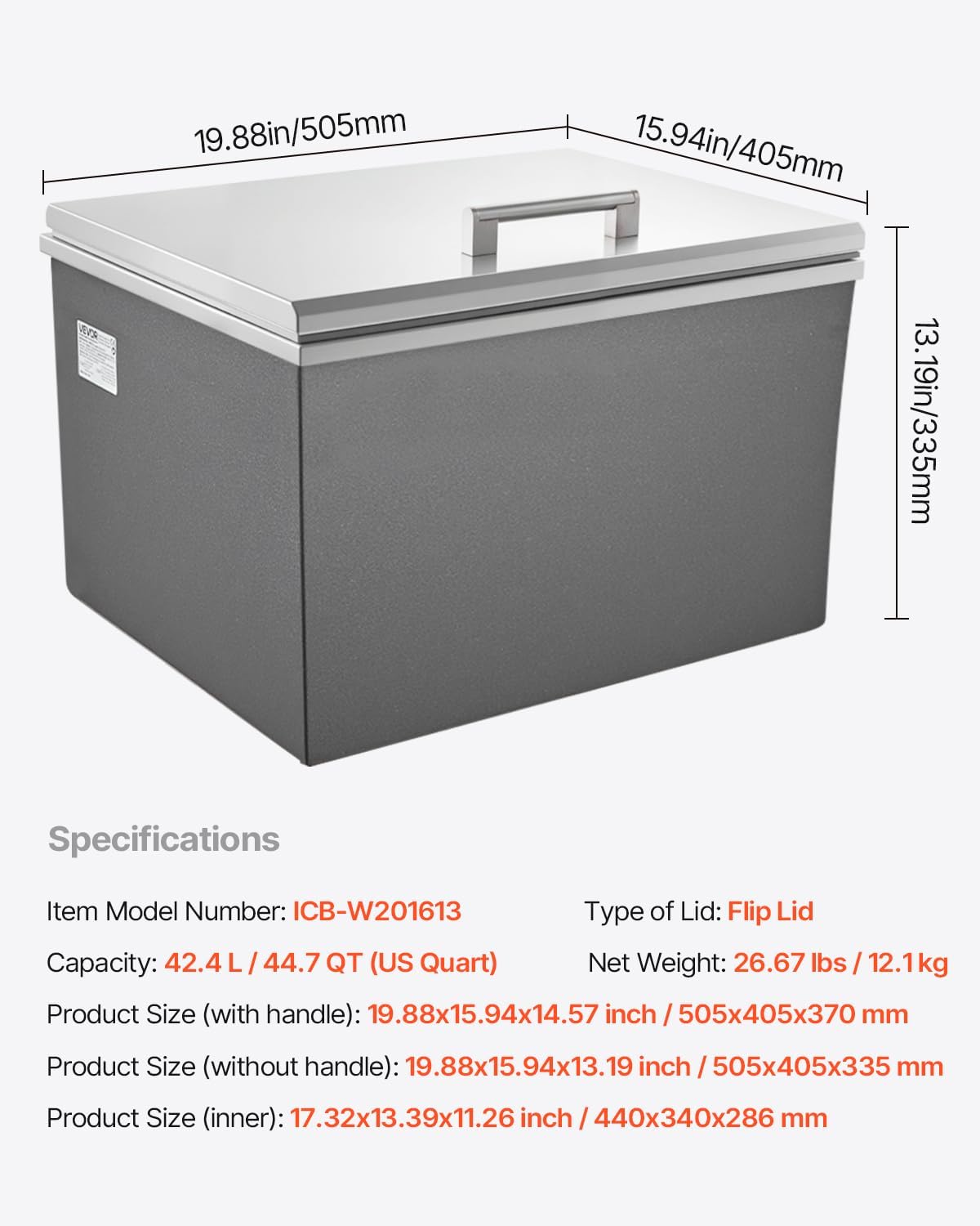 VEVOR Drop in Ice Chest, Stainless Steel Drop in Cooler, Commercial Ice Bin with Lid for Outdoor Kitchen Patio Bar, Drain-Pipe Set Included, Cooling Bins with Cover for Cold Wine Beer