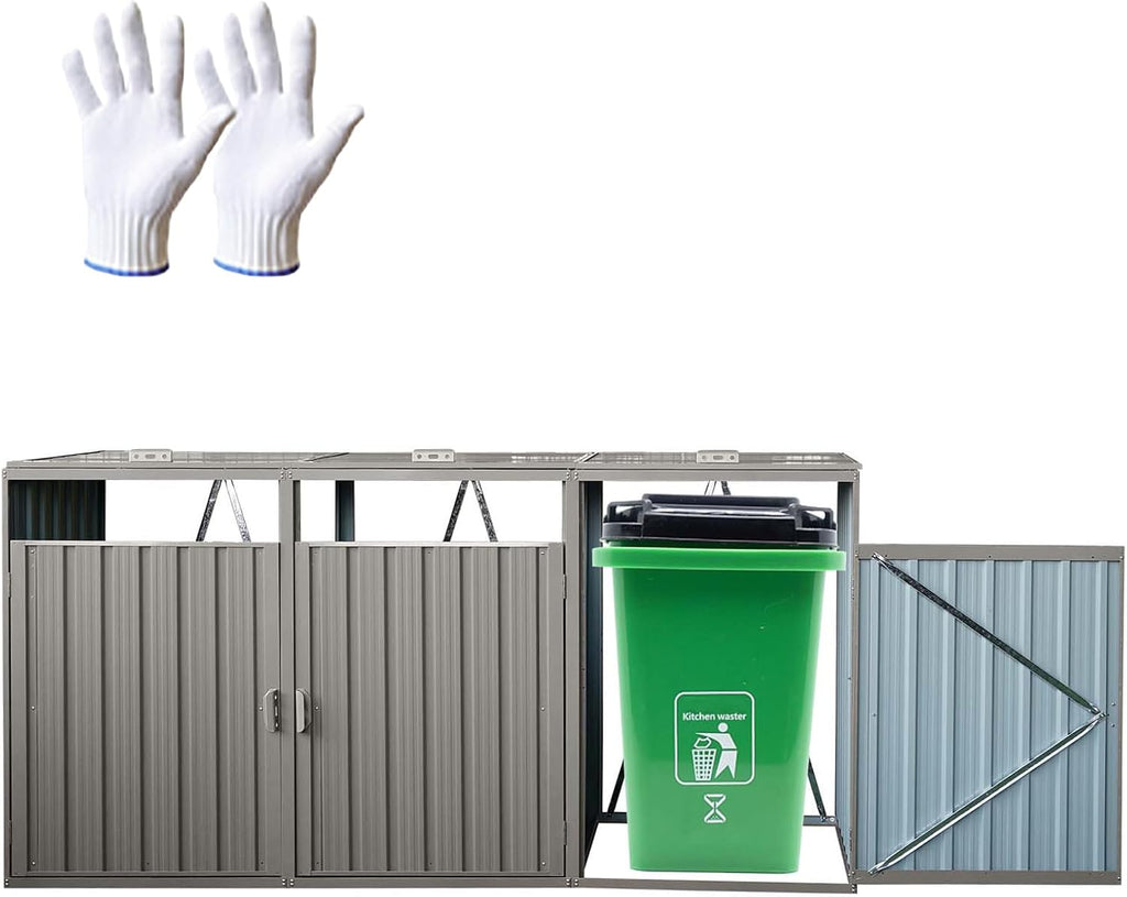 Outdoor Garbage Bin Storage Shed, Steel Trash Can Storage with Lockable Doors & Lids for 3 Trash Cans, Metal Garbage Can Hider for Outside Garden Yard Backyard Patio (3 Trash Can+Grey)