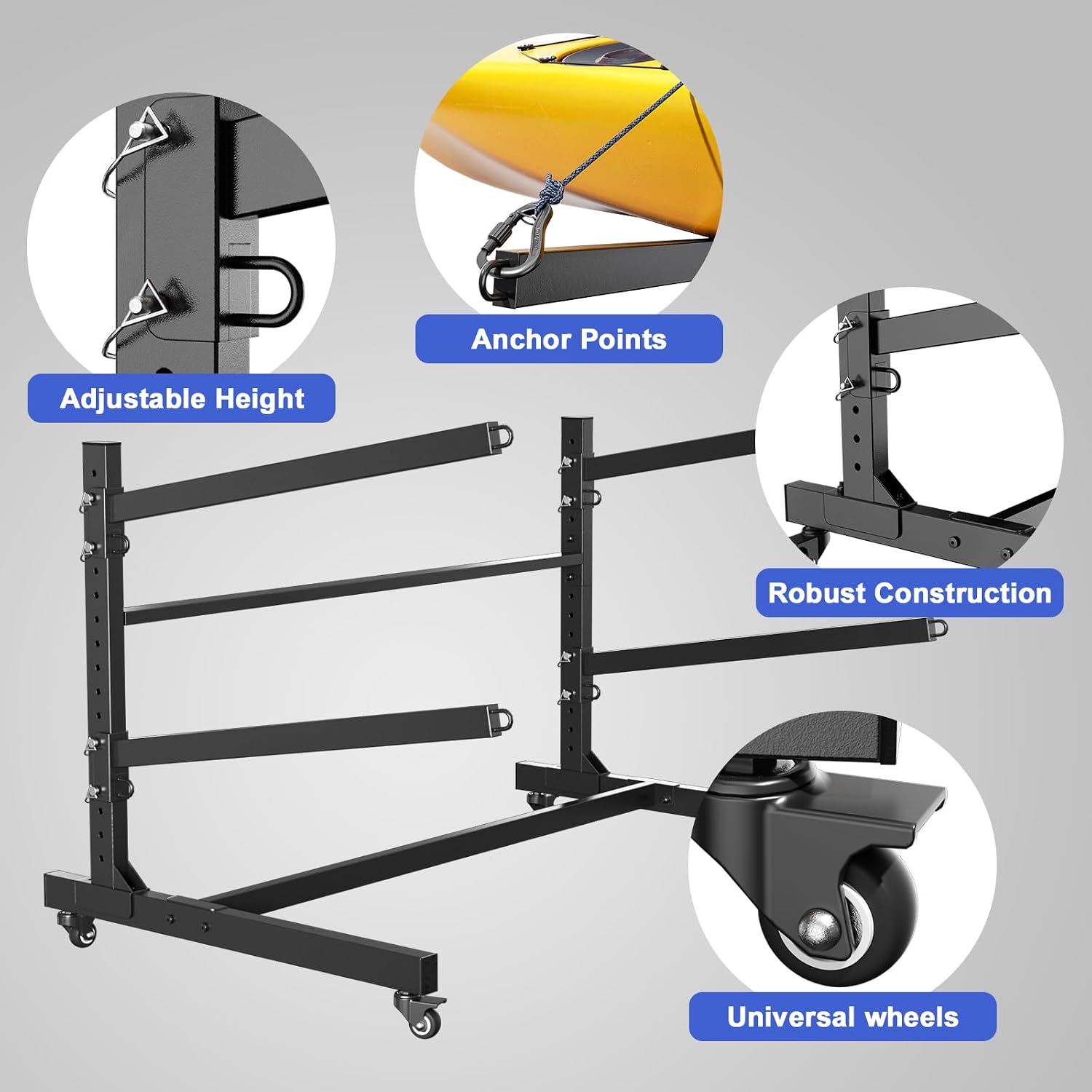 Baotree Heavy Duty Freestanding Kayak Storage Rack, Adjustable Metal Stand for 2 Kayaks, Canoes, SUPs, Paddleboards & Surfboards with Lockable Wheels, Indoor & Outdoor Use