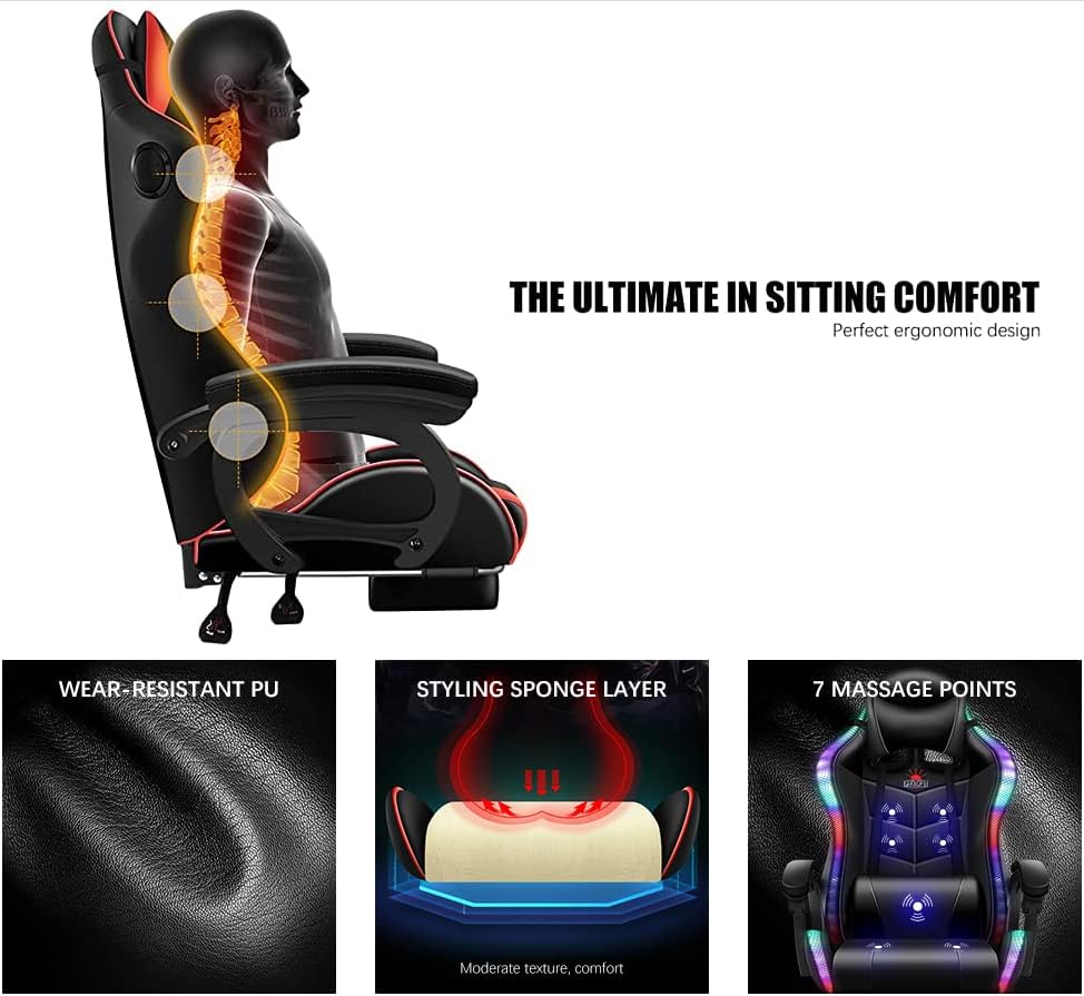 Ergonomic Gaming Chair with Massage and Speaker, Gaming Chair with Footrest Headrest and Lumbar Support, Racing Chair with RGB Lights, Gaming Chair for Kids,Gaming Chair for Adults.,Pink