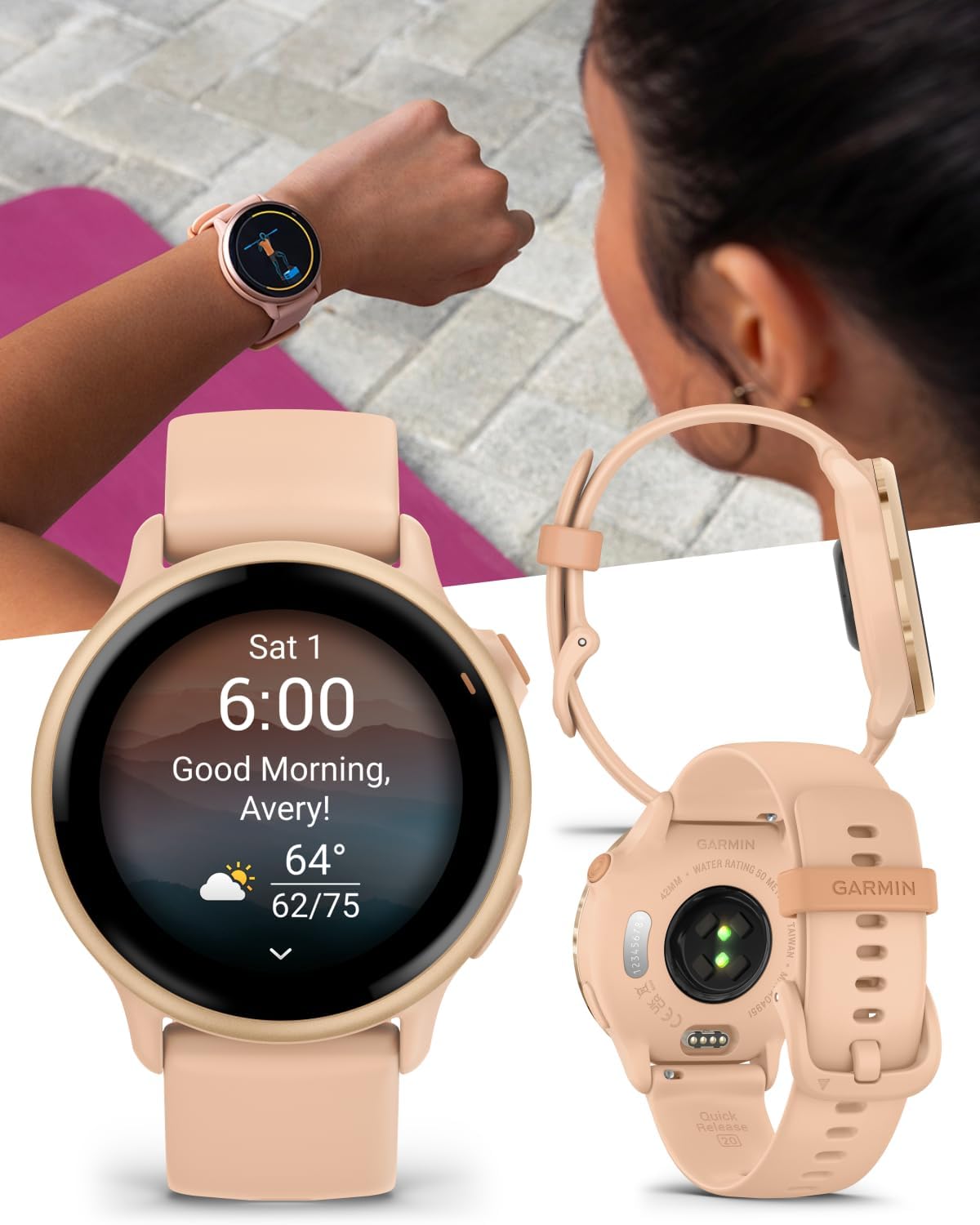 Garmin Vivoactive 6 - Health & Fitness Smartwatch, 1.2 in Bright AMOLED Display, GPS Sports Tracking, Up to 11 Days of Battery, Metallic Pink Dawn & Pink Dawn Band w Black Earbuds Bundle