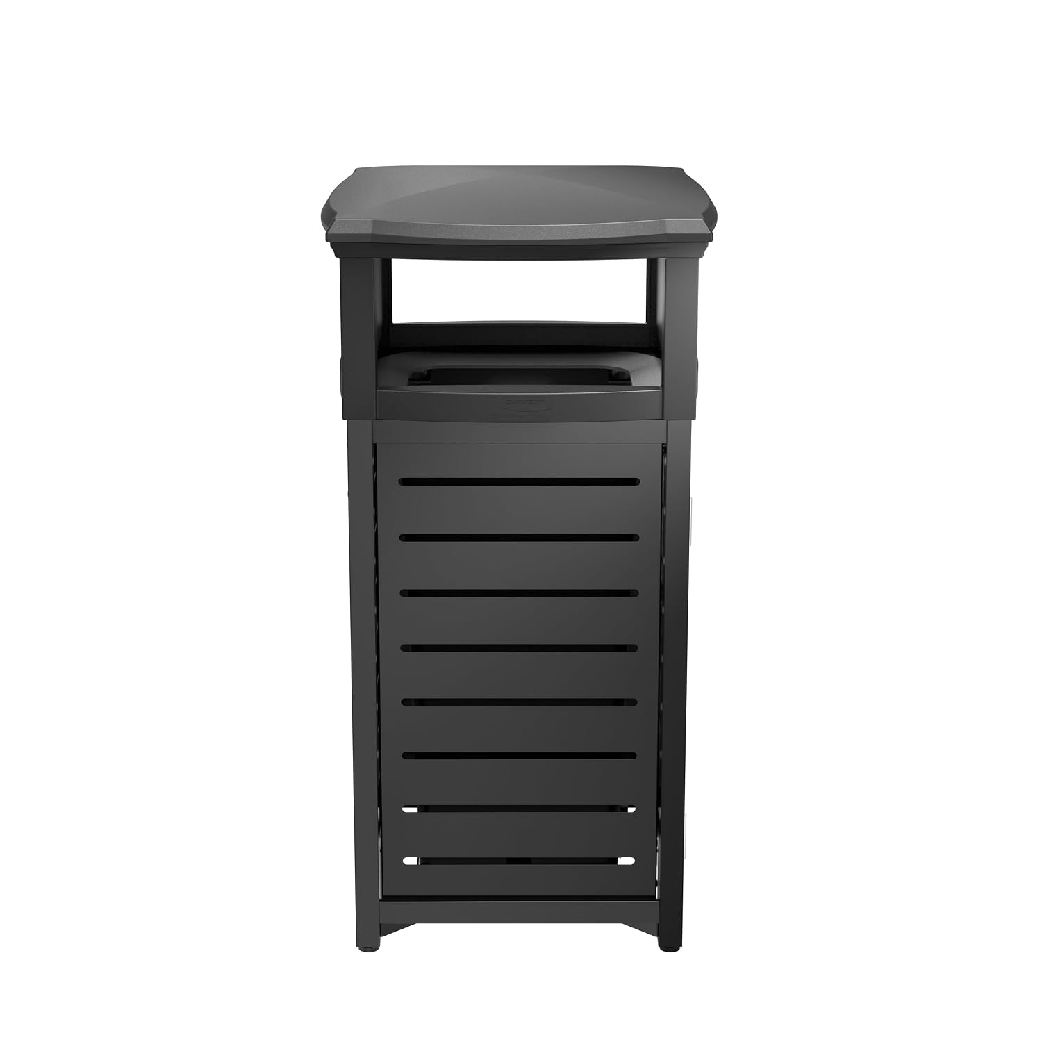 Suncast Commercial Products 30-Gallon Metal Outdoor Trash Can with Two-Way Lid, Adjustable Feet, and Removable Liner, Covered Design, Black, Made in the USA
