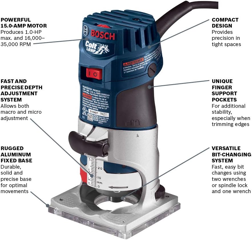 BOSCH PR20EVS Colt 1.0 HP Variable-Speed Palm Router - 5.6 Amp Motor, Soft Start, Constant ResponsCircuitry, Ergonomic Grip, Rugged Aluminum Base, Fixed, Quick-Clamp System, 1/4' Collet