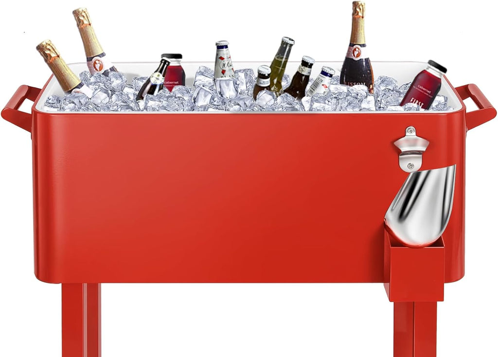 80 Quart Rolling Ice Chest Cooler Cart,Patio Backyard Party Drink Beverage Bar Stand Up Cooler Trolley with Ice Scoop