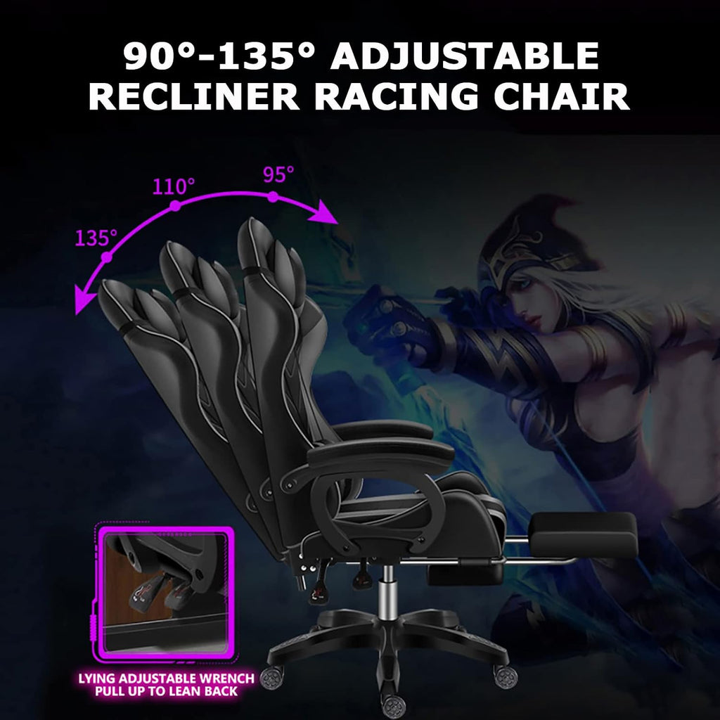 RGB Gaming Chair with Speakers Ergonomic Massage Computer Chair with Footrest Lumbar Support Headrest PU Leather 360°Swivel Recliner Chair High Back Video Game Chair for Adult Teens,Black