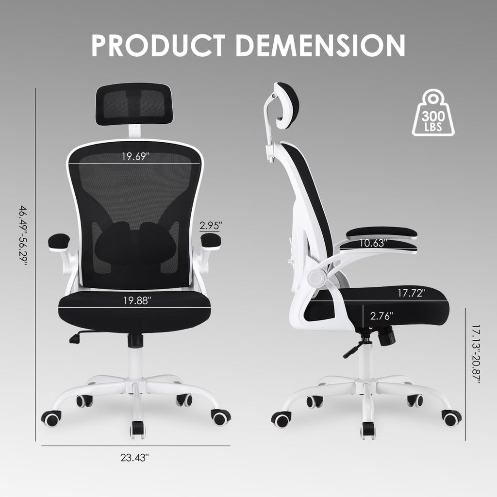 Farini Ergonomic Office Chair, Home Office Desk Chair with Headrest, High Back Swivel Computer Chair with Armrests and Adjustable Lumbar Support for Home Office Study Room, White & Black