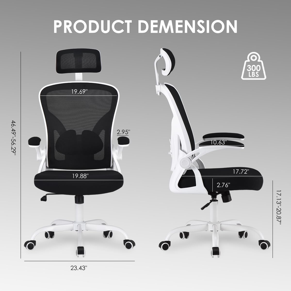 Farini Ergonomic Office Chair, Home Office Desk Chair with Headrest, High Back Swivel Computer Chair with Armrests and Adjustable Lumbar Support for Home Office Study Room, White & Black