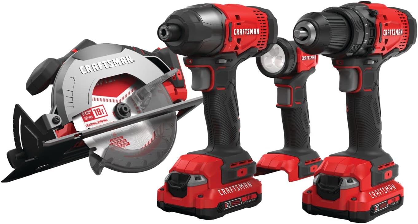 CRAFTSMAN V20 MAX Cordless Power Tool Kit, Circular Saw with 6 1/2 inch Blade, 1/4 inch Impact Driver, 1/2 inch Drill/Driver, LED Task Light, Battery and Charger Included (CMCK401D2AM)