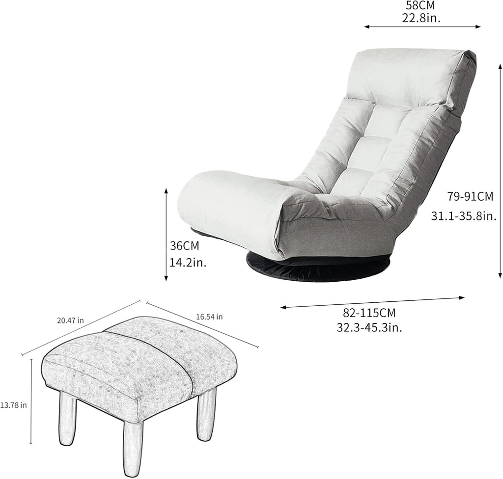 Yoglad Japanese Style Chaise Lounge Sofa 360-Degree Swivel Chair Floor Gaming Chair Lazy Sofa for Reading Game Meditating, 3 Adjustable Positions with Comfortable Backrest (Gray+Ottoman)
