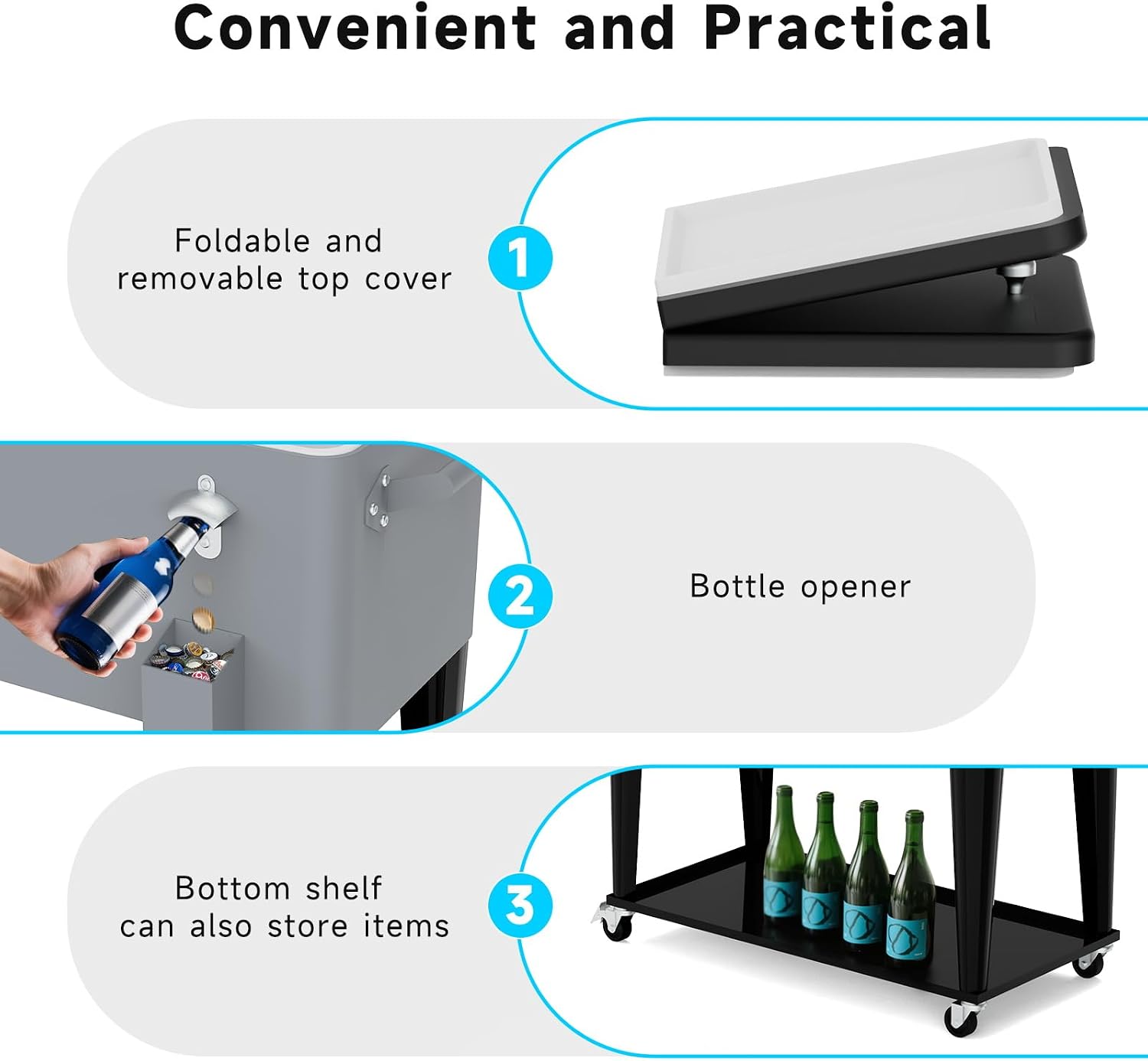 80 Quart Rolling Ice Chest Cart, Portable Outdoor Beverage Cooler with Bottle Opener & Cap Collector & Storage Shelf for Patio Party & BBQ & Beach Activities(Silver)