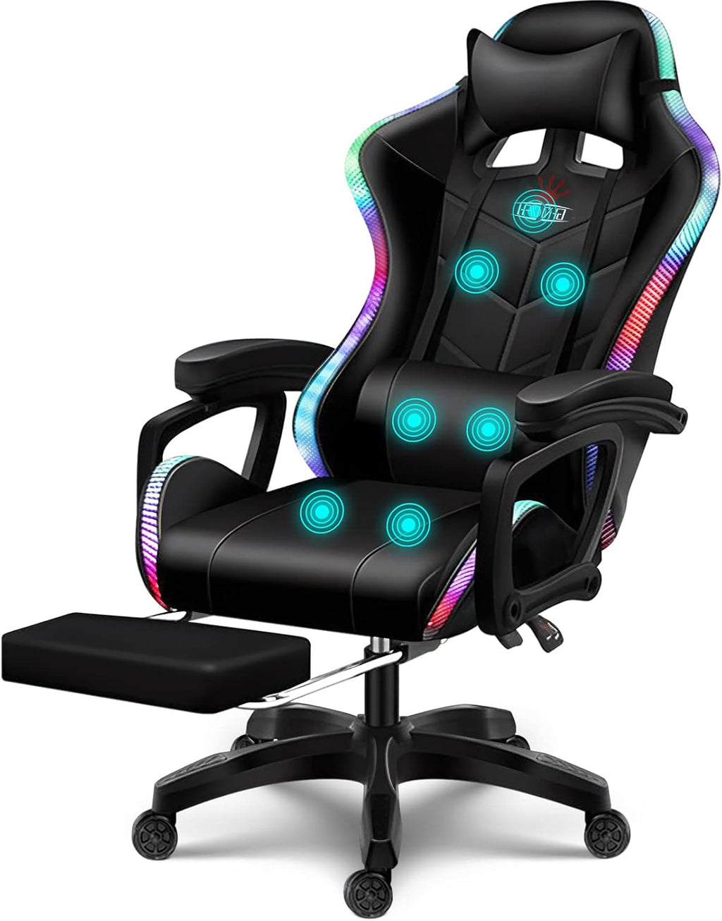 RGB Computer Chair with Footrest Massage Gaming Chair with Speakers Music Video Game Chair with Lumbar Pillow Support and Headrest High Back Gamer Chair Office Chair for Office or Gaming,Black