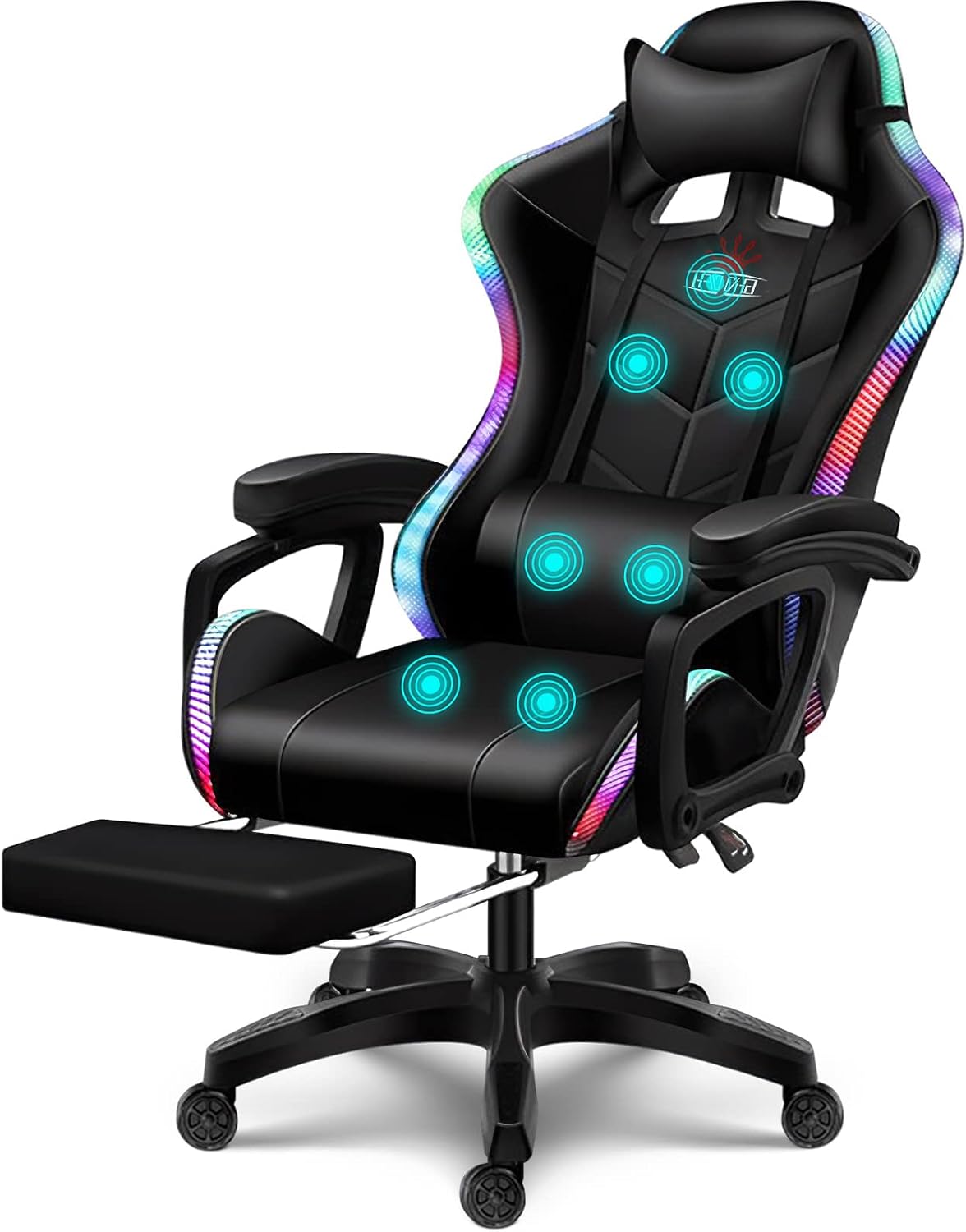 RGB Computer Chair with Footrest Massage Gaming Chair with Speakers Music Video Game Chair with Lumbar Pillow Support and Headrest High Back Gamer Chair Office Chair for Office or Gaming,Black
