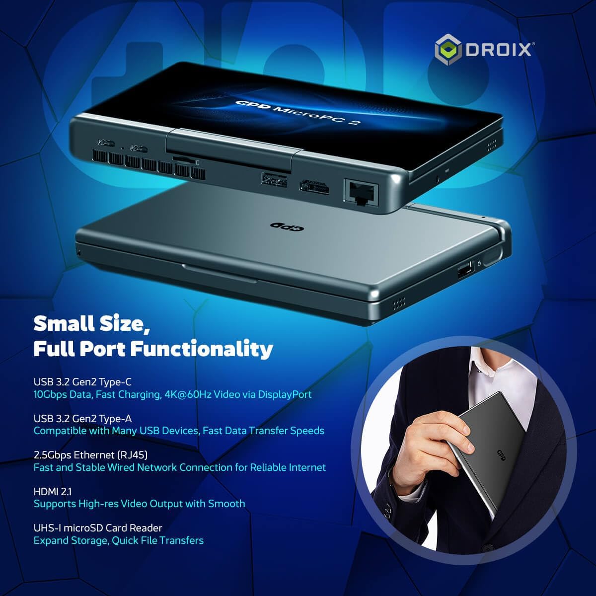 GPD MicroPC 2 | Portable Mini Laptop with 7' 1080P Display | with Intel Processor N300, UHD Graphics; 16GB LPDDR5, 4TB NVMe SSD; 2.5G Ethernet, USB-C, HDMI 2.1, Wi-Fi 6, BT 5.2