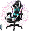 Video Game Chair for Adults Ergonomic Reclining Chair with Retractable Footrest Massage Gaming Chair with Speakers and LED Lights PU Leather High Back Computer Chair,White