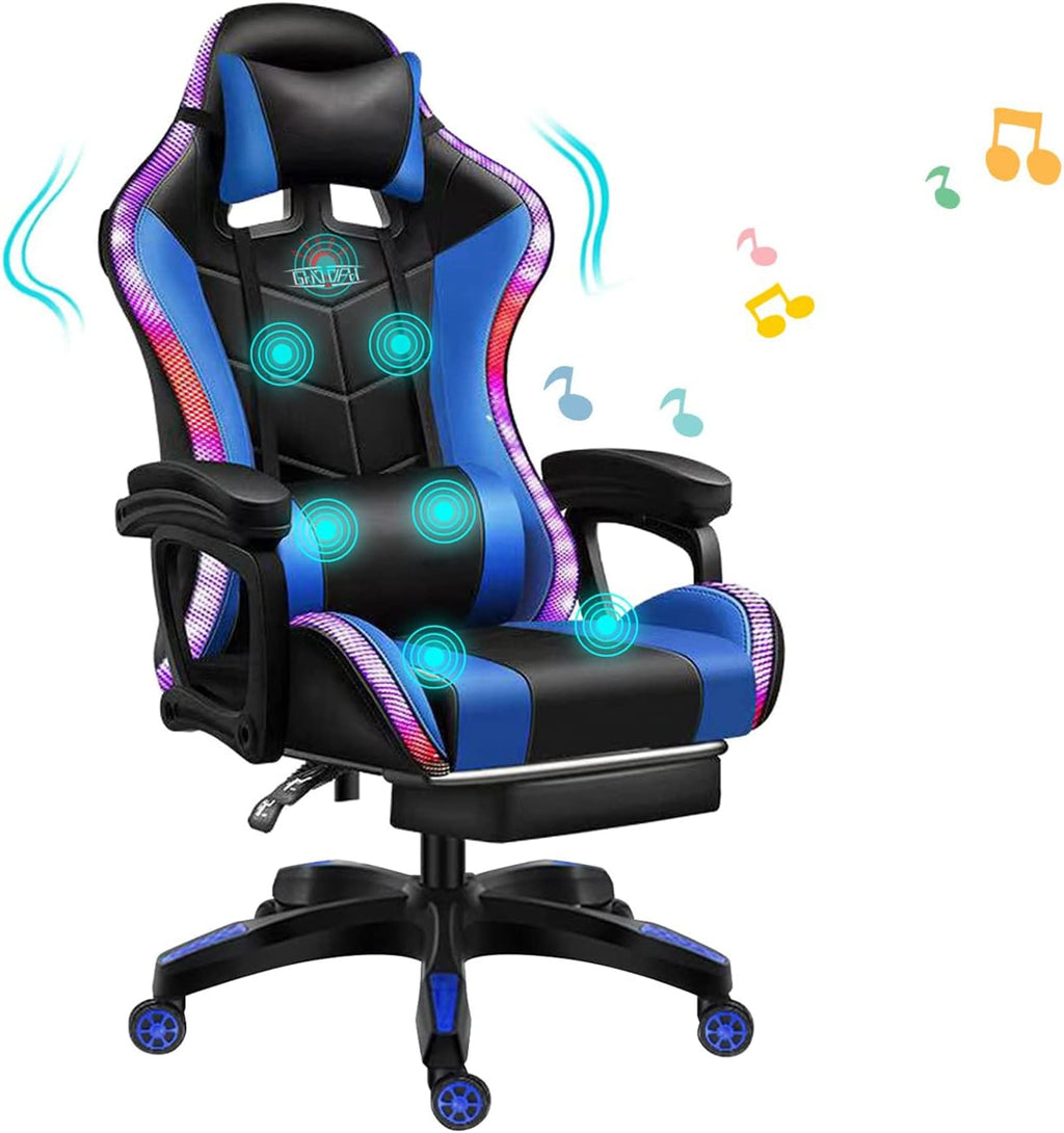 Gaming Chairs for Adults with Speakers, Gaming Chair with LED Light/Pro Gaming Chair - High Back Music Video Game Chair with Footrest and Lumbar Support, PU Leather Video Gaming Chairs,2
