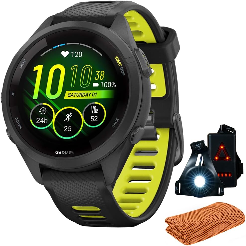 Garmin 010-02810-03 Forerunner 265S GPS Smartwatch, Black/Amp Yellow Bundle with Workout Cooling Sport Towel + Deco Essentials Wearable Commuter Front & Rear Safety Light