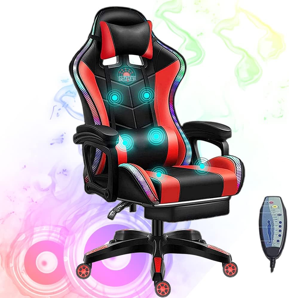 RGB Video Gaming Chairs with Speakers Ergonomic Pro Gaming Chair with Full Massage Lumbar Support and Retractible Footrest Adjustable Backrest Computer Chair High Back Recliner Chair,Red