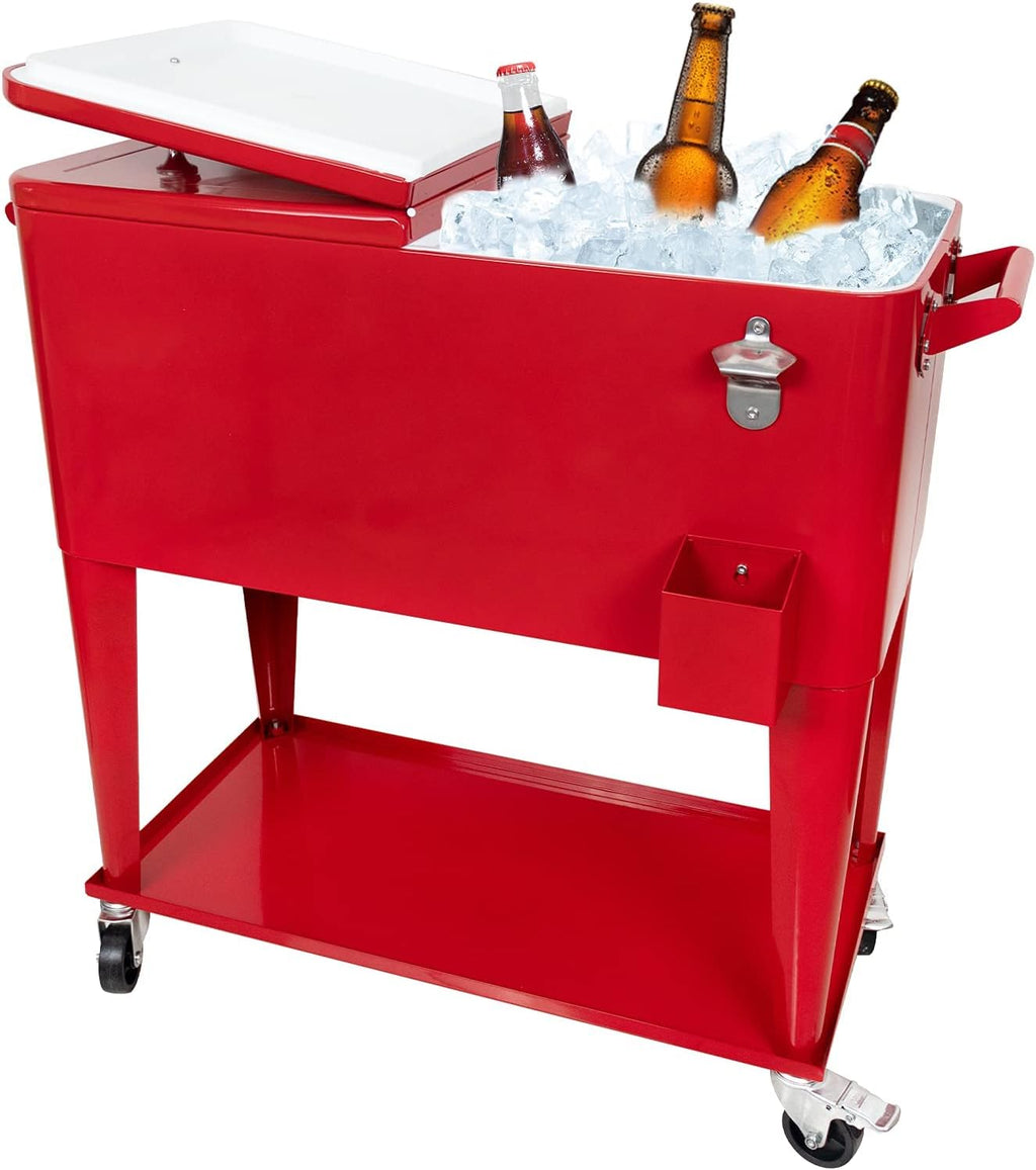 80 Quart Rolling Ice Chest Cooler Cart,for Outdoor Patio Deck Party Portable Party Bar Cold Drink Beverage Cart, Backyard Cooler Trolley on Wheels with Shelf, Bottle Opener