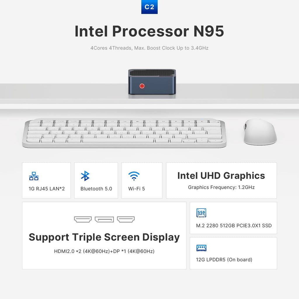 C2 Neo N95 Mini PC Dual LAN, 12GB LPDDR5 RAM 512GB SSD Mini Computers, 4K Triple Display/HDMI2.0/DP/USB-A 3.2/WiFi 5/BT 5.0, Home/Office/Business