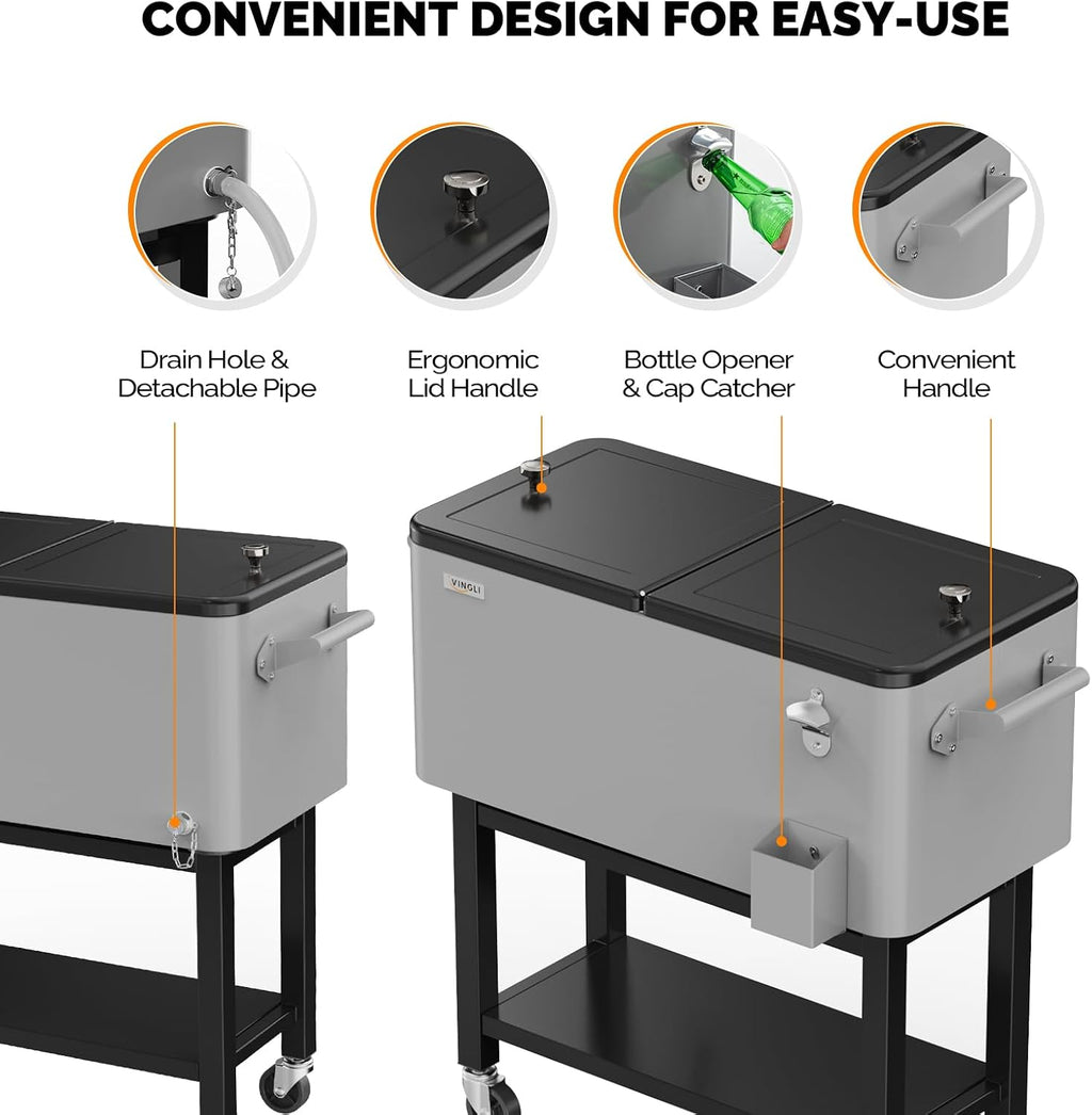 VINGLI Patio Cooler, Rolling Ice Chest on Wheels, Portable Patio Party Bar Drink Cooler Cart, with Shelf, Beverage Pool with Bottle Opener,Water Pipe