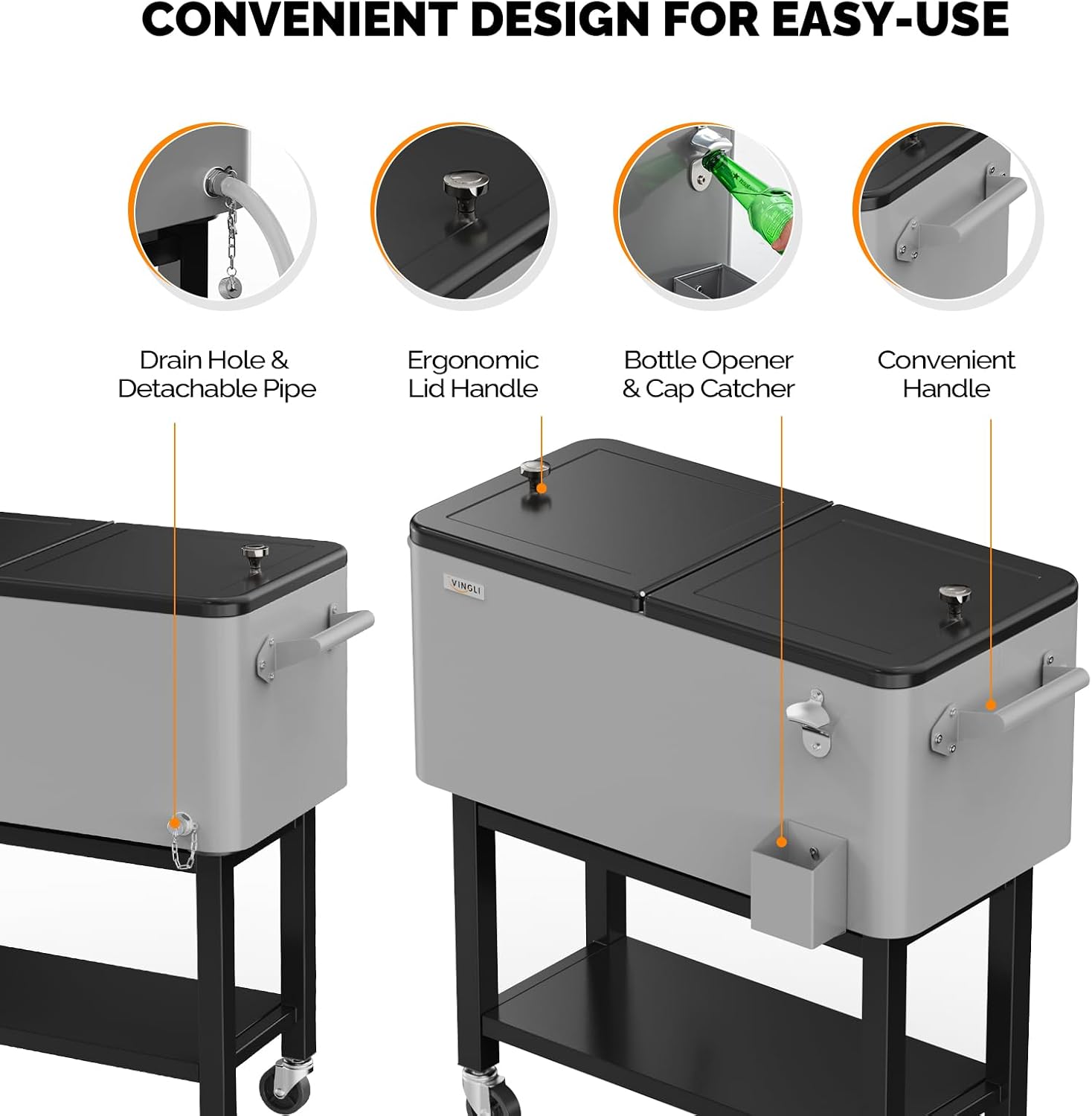 VINGLI Patio Cooler, Rolling Ice Chest on Wheels, Portable Patio Party Bar Drink Cooler Cart, with Shelf, Beverage Pool with Bottle Opener,Water Pipe