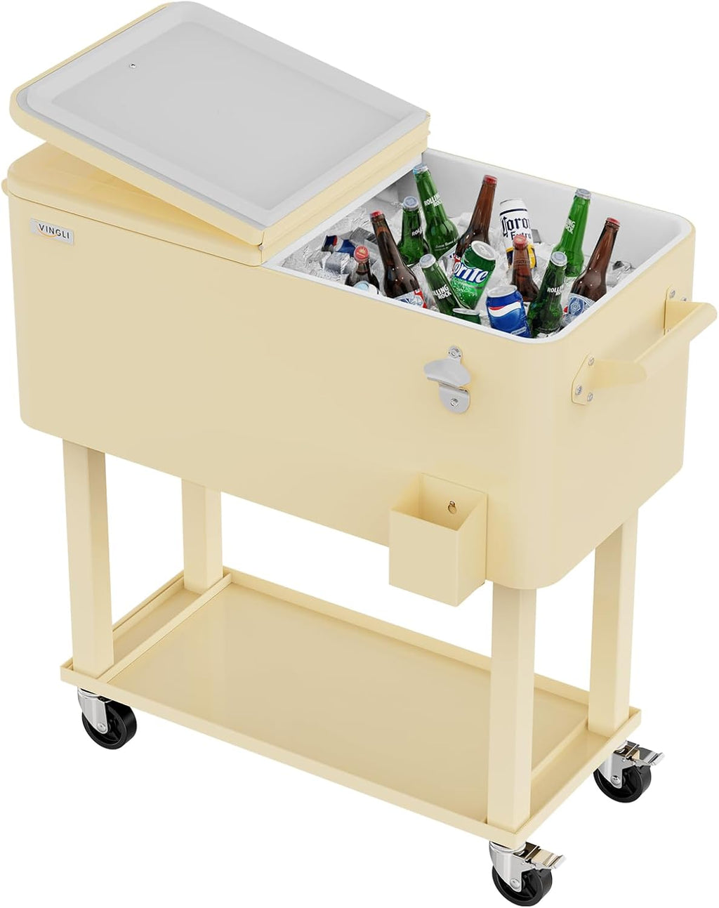 VINGLI Rolling Ice Chest, Portable Patio Party Bar Drink Cooler Cart, with Shelf, Beverage Pool with Bottle Opener