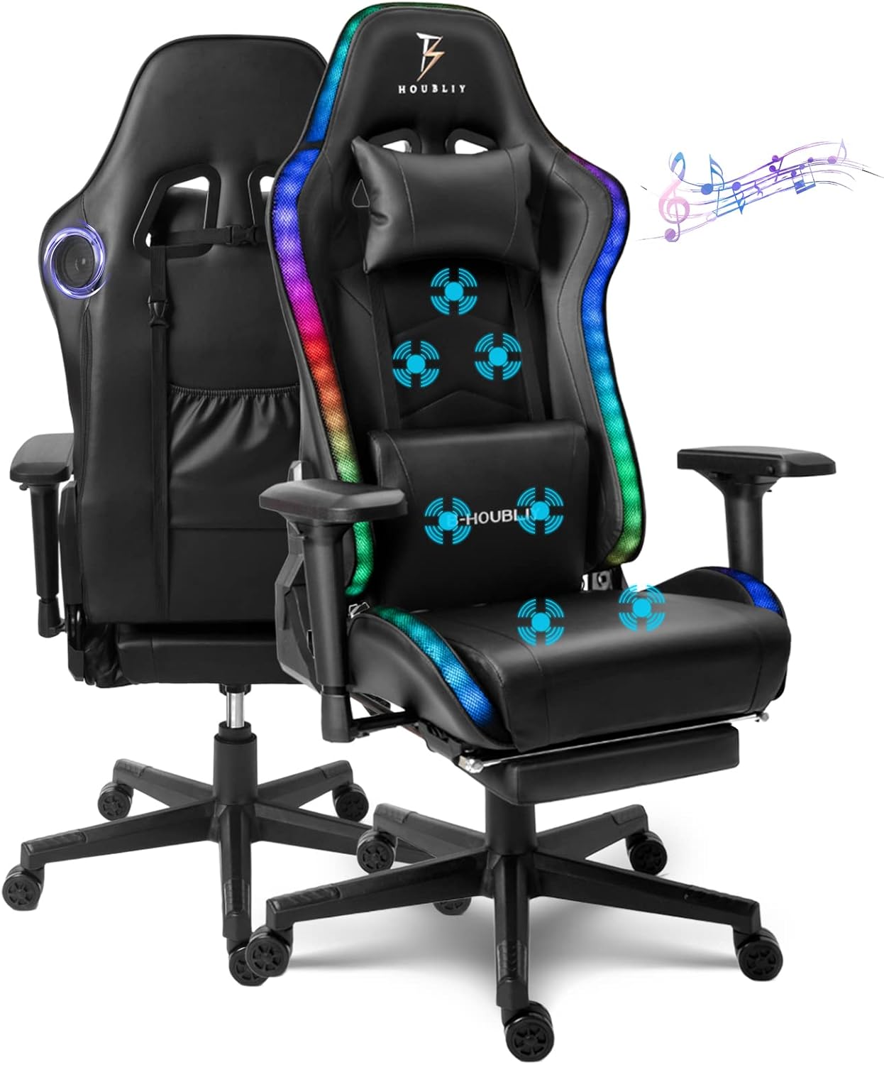 Gaming Chair for Adult with Footrest and 7-Point Massage Video Game Chair with Speakers and LED Lights PU Leather Ergonomic Racing Computer Chairs Lumbar Support and 4D Armrest,Black