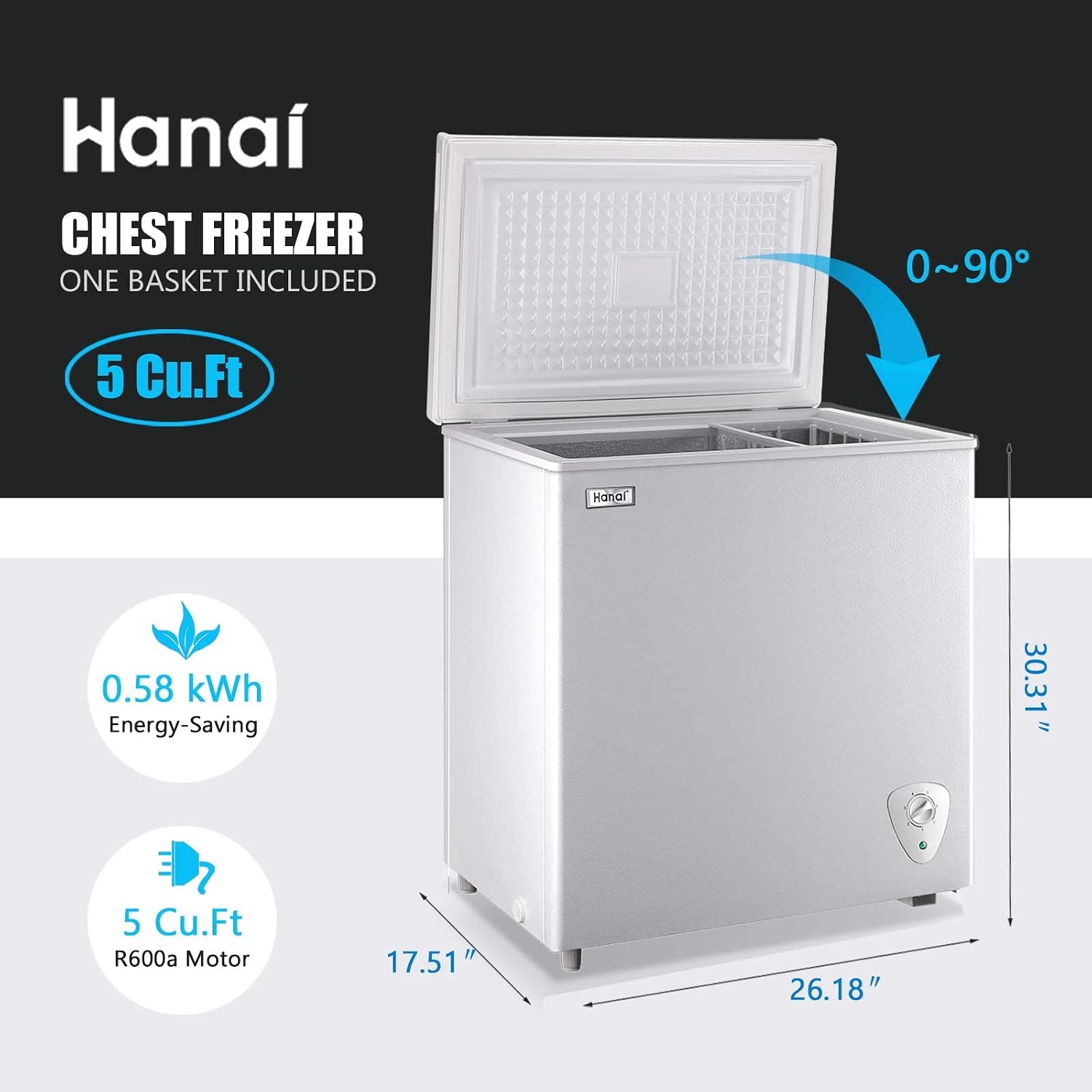 5.0 Cubic Feet Deep Chest Freezer Compact Freezers with Adjustable Thermostat Top Open Door with Removable Storage Basket for Home Kitchen and Bar