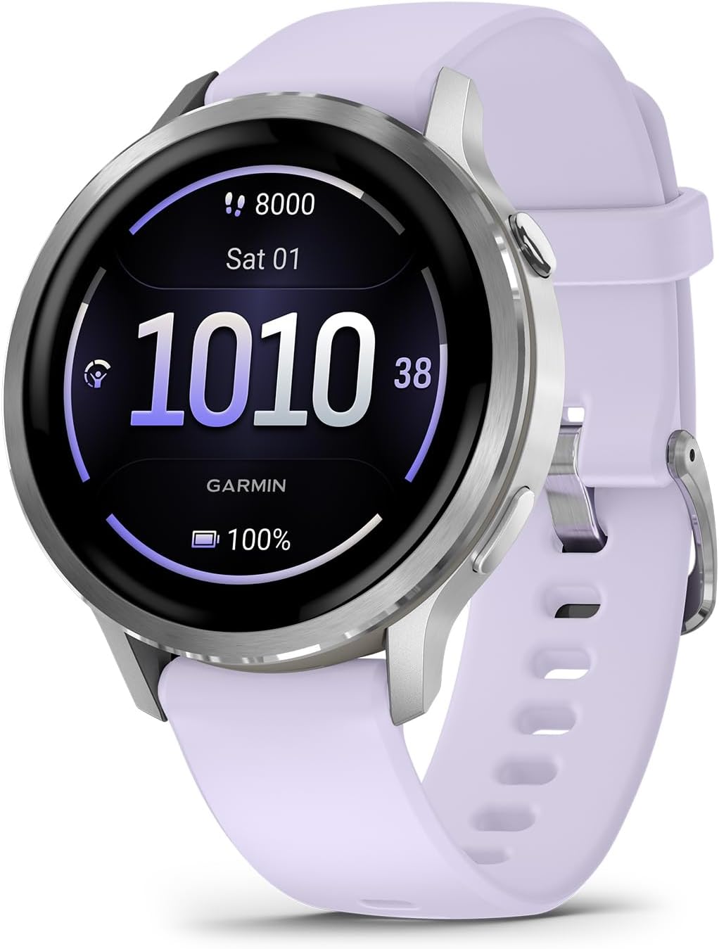 Garmin Venu 4, 41mm, Advanced Fitness and Multisport Tracker GPS Smartwatch, 1.2' AMOLED Display, Built-in Flashlight, 10 Days of Battery Life, Silver with Periwinkle Silicone Band (Watch Bundle)